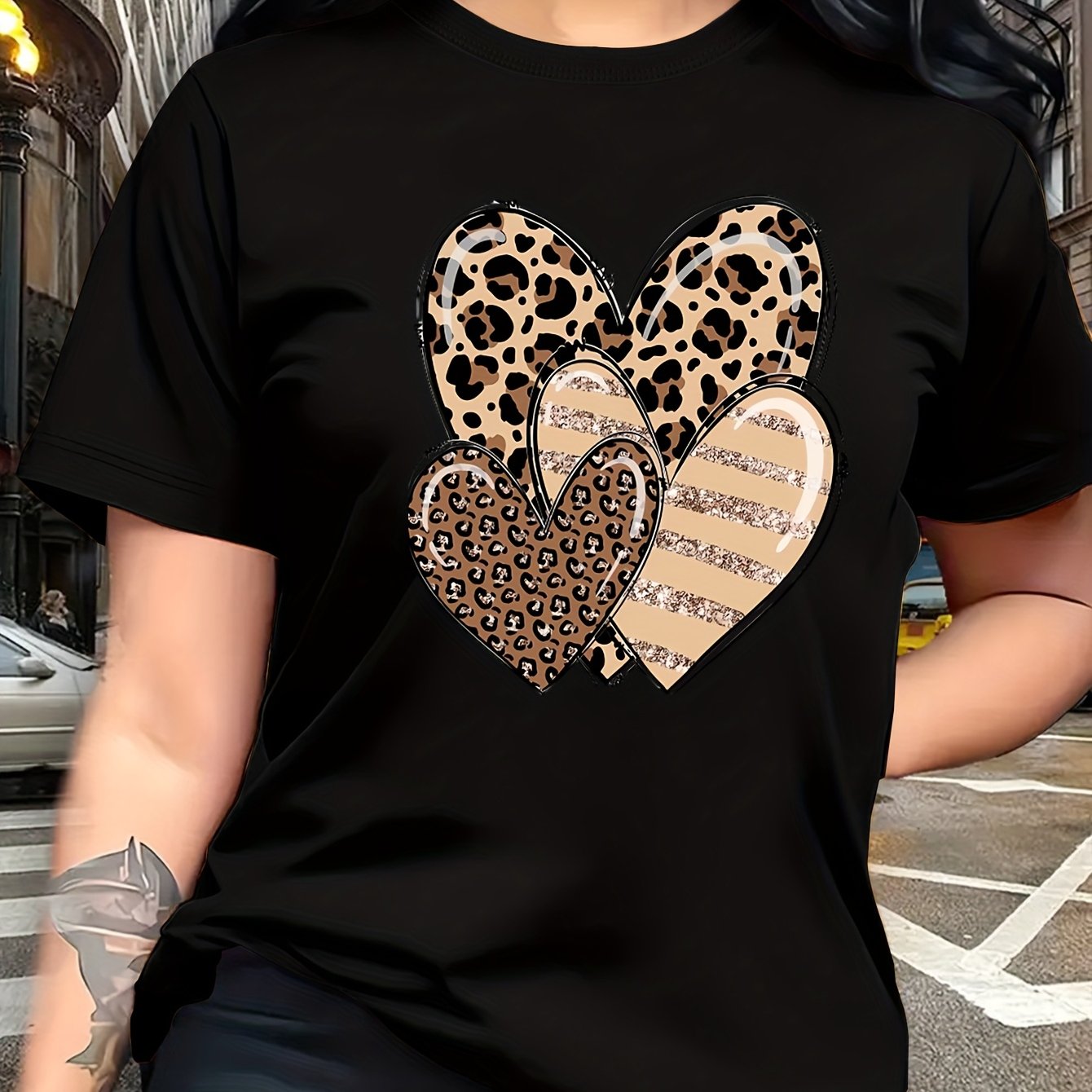 TEMU Camiseta de Estampado de Leopardo y Diseño de - Manga Corta, Cuello , Top Casual con Apliques y Gráficos, Transpirable para Uso en Todas ,