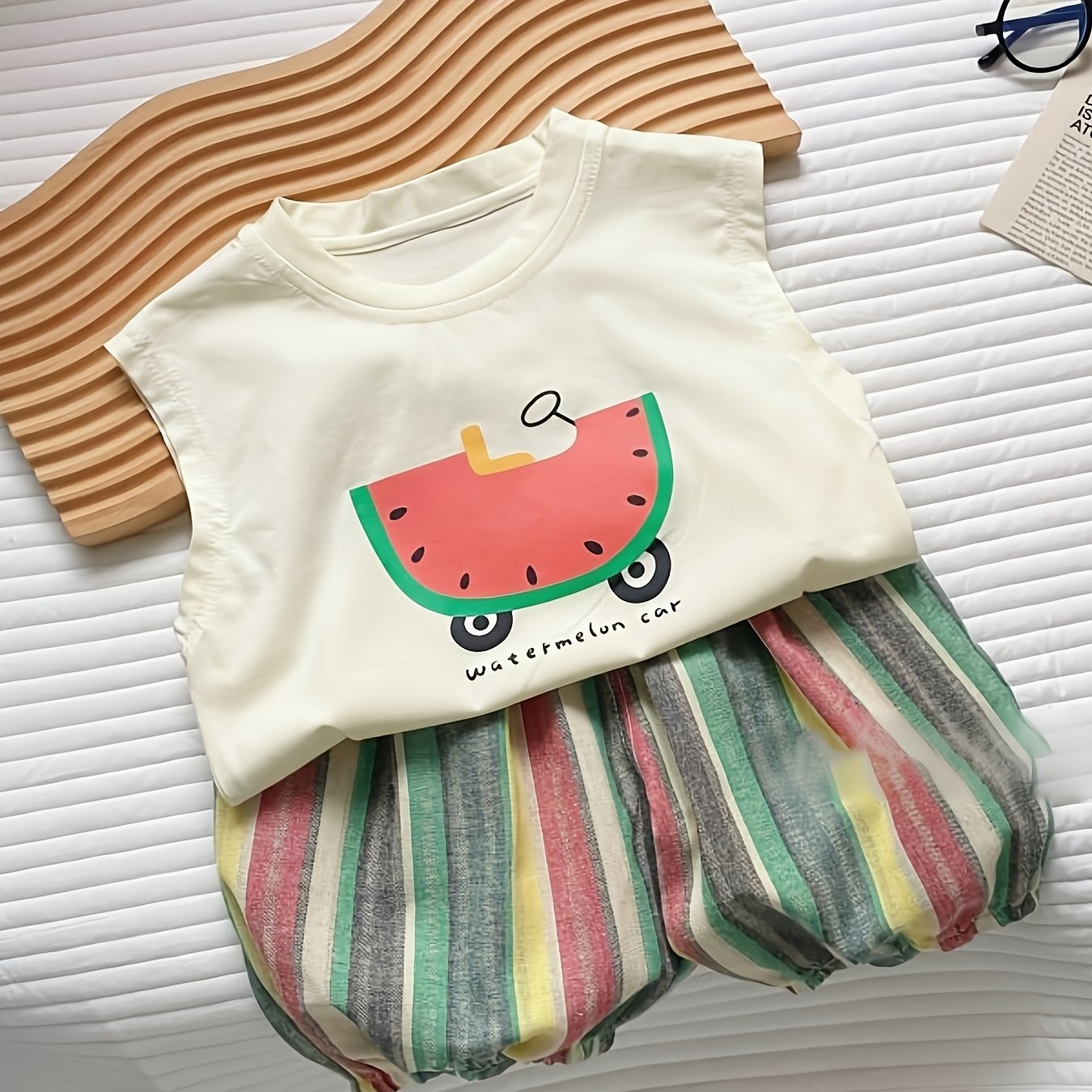 Image of Summer New Boys' Cartoon Watermelon Print Short Sleeve 2pcs Set Summer Striped Pants Set, For Outdoor