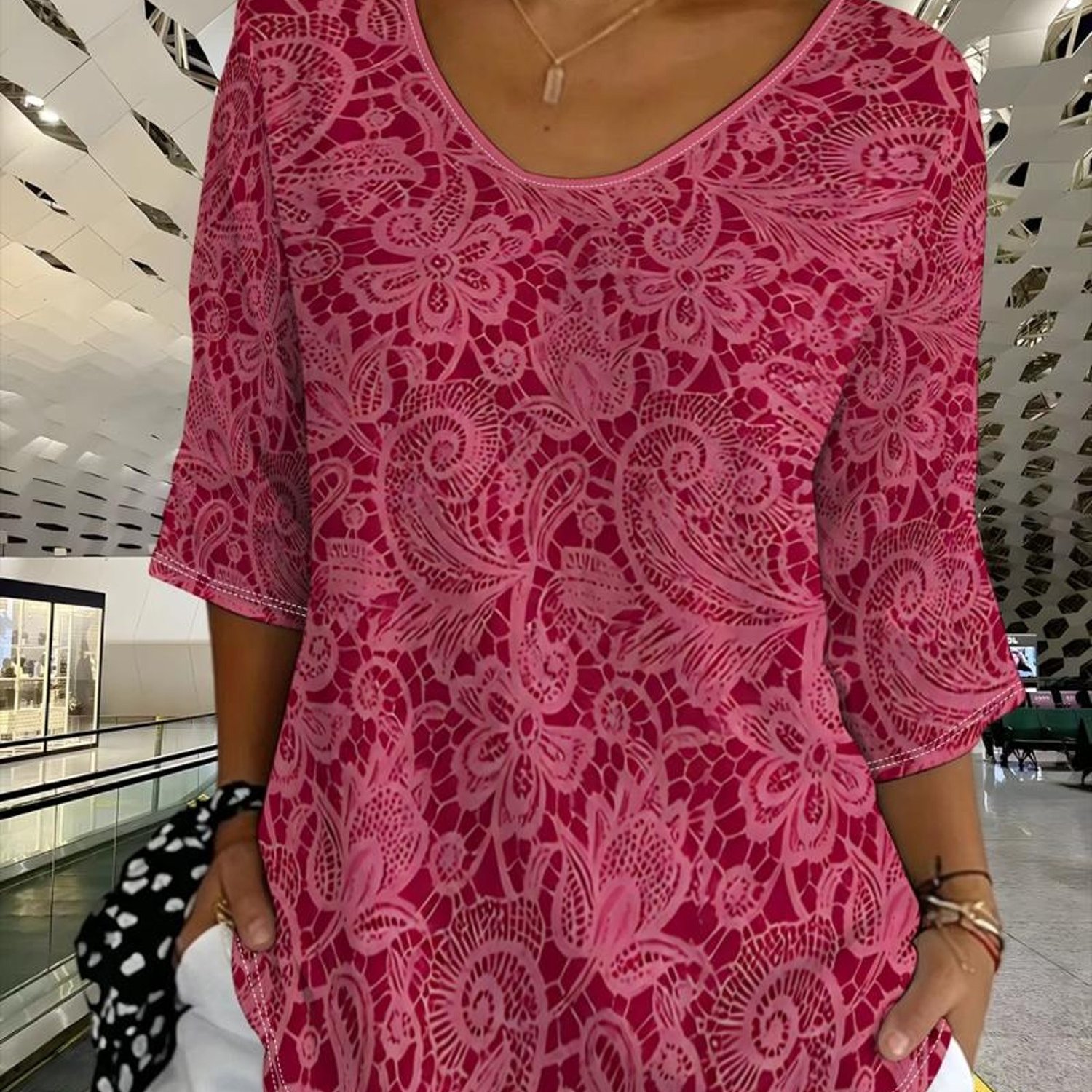 TEMU Plus Size - [printed Design-not Textured] Plus Size Women's Top, Mixed Colors, Multi-sizes , Floral Pattern Pink Lace, Luxurious And Decorative,