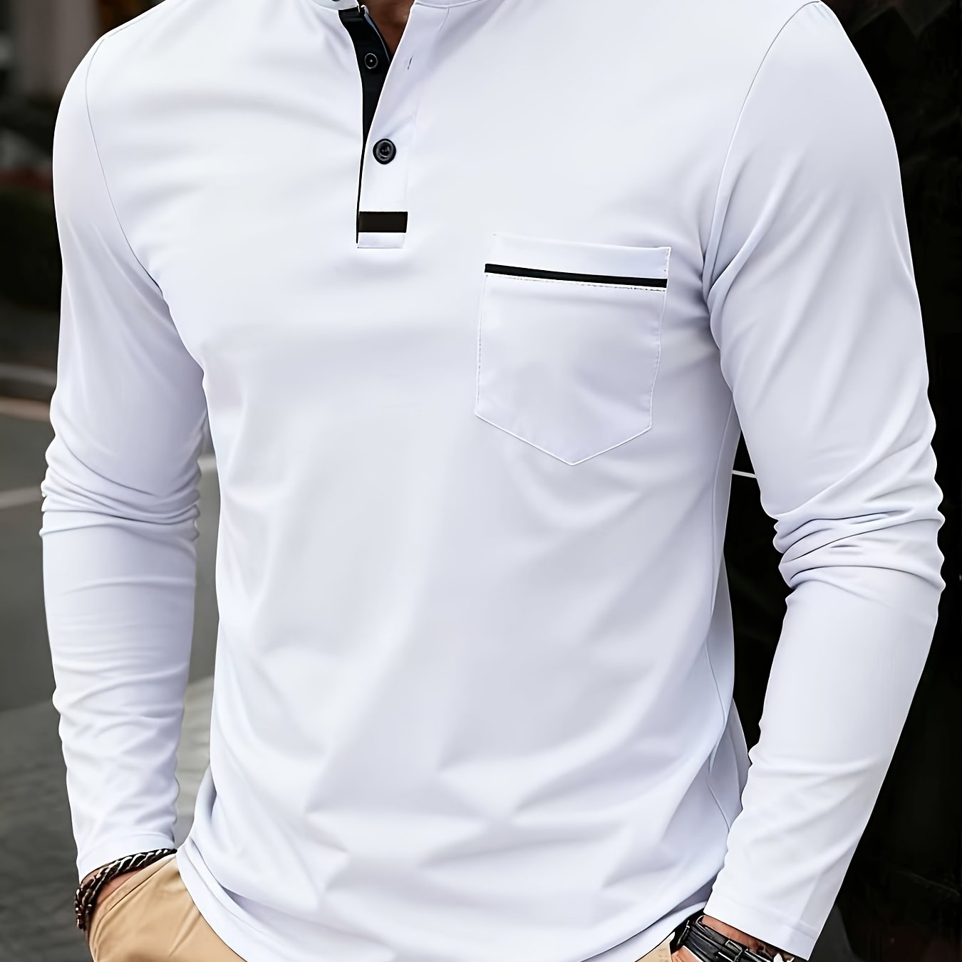 TEMU d'Automne 2025 Transfrontalière - Chemise Henley à Col pour Homme ; Polo de Sport Décontracté de à Manches Longues, Couleur Unie
