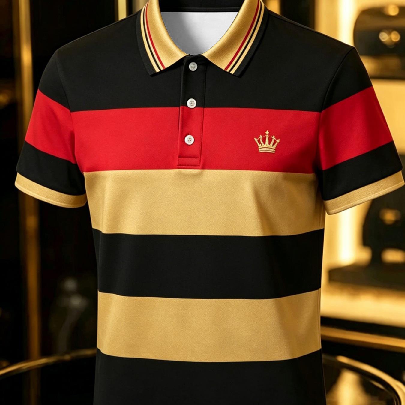 Image of Men's Casual Business Shirt, Black Red Golden Contrasting Striped Business Shirt For Men, Crown Print Design, Comfortable And , Versatile And Suitable For Any Occasion, , Men's T-shirt Father's Day