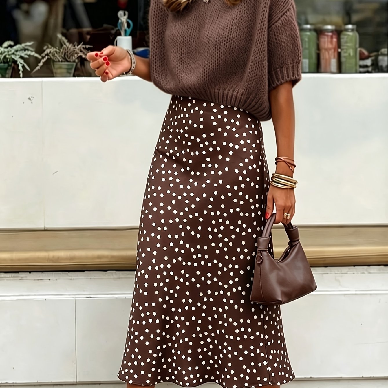 TEMU Women's Polka Dot Satin Midi Pencil Skirt - Elegant Vintage High-waist Skirt