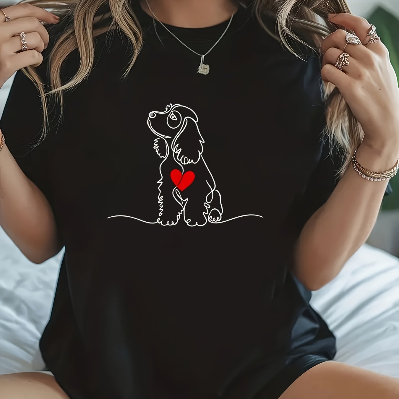 TEMU Women's Elegant Round Neck Short-sleeved T-shirt With A Fun Heart-shaped Spaniel Pattern, Loose And, Versatile, Fashionable, Elegant, Easy, And