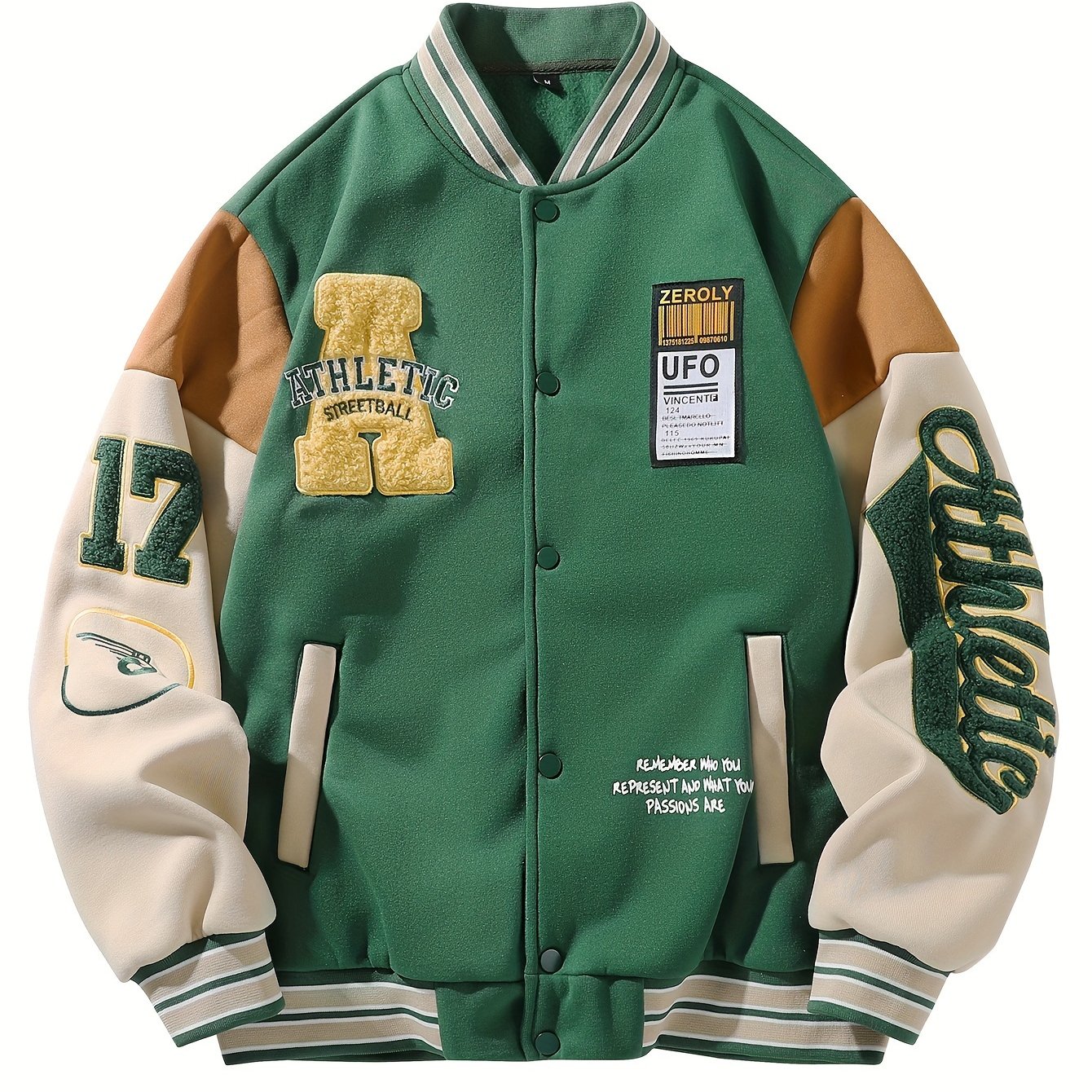 TEMU Men's Casual Varsity Jacket With Embroidered Lettering - Long Sleeve, Button-up, Knit Fabric, Machine Washable, Pockets, Baseball Collar,