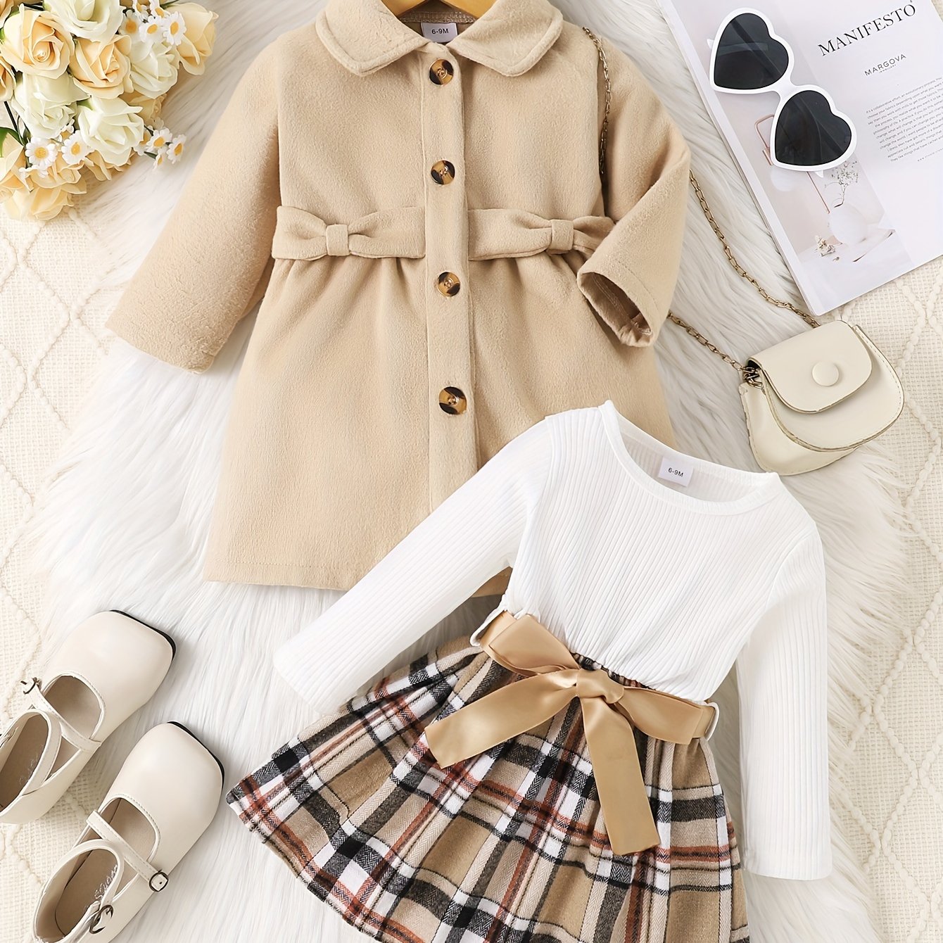 Image of P100935 Baby Girl Nizi Coat Jacket + Dress + Belt 3pcs Set, For Outdoor, Christmas, Halloween