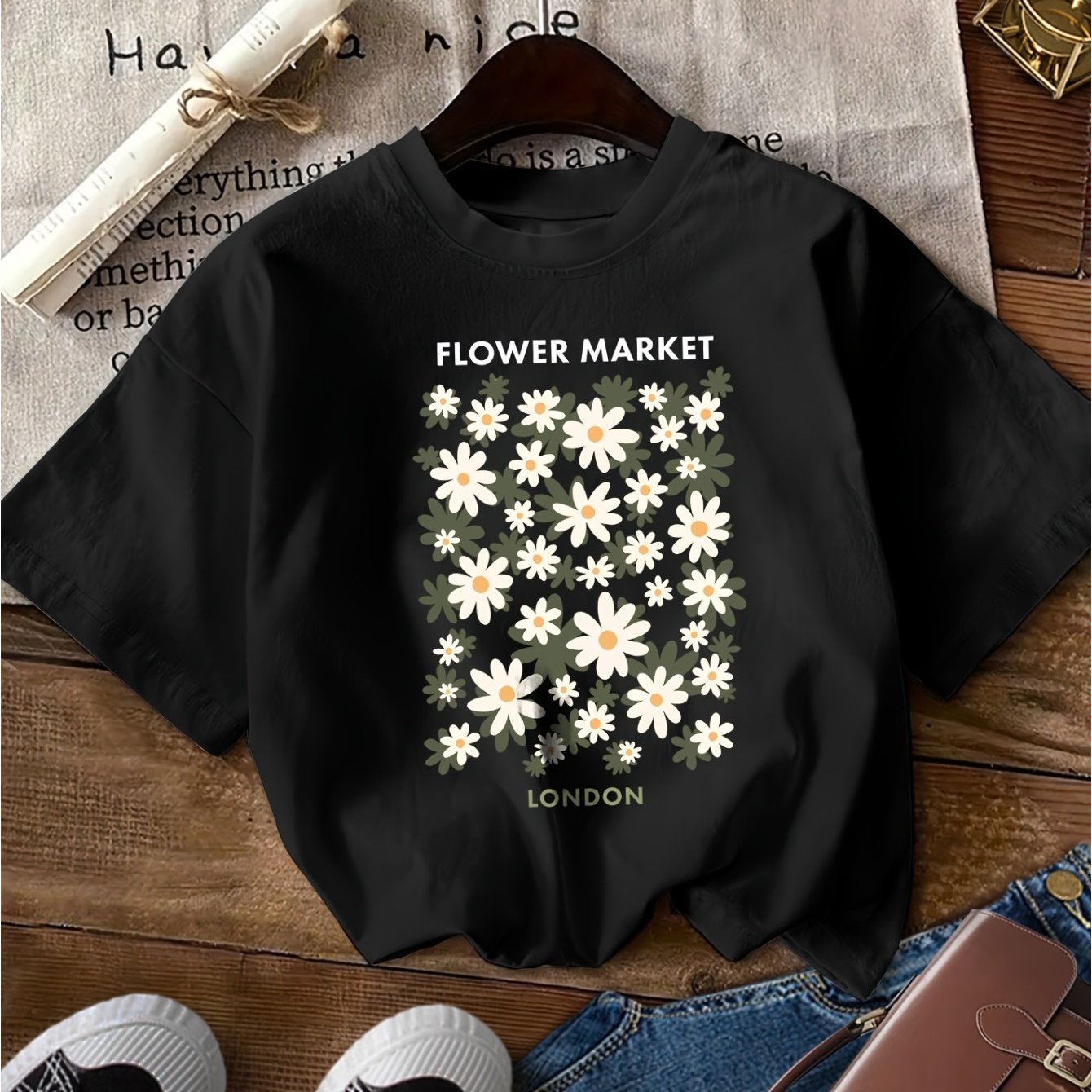 Image of Fresh And Easy Daisy Floral Square English Letter Print Pattern Fashion Spring/summer Round Neck Short Sleeve Top Women's Casual T-shirt
