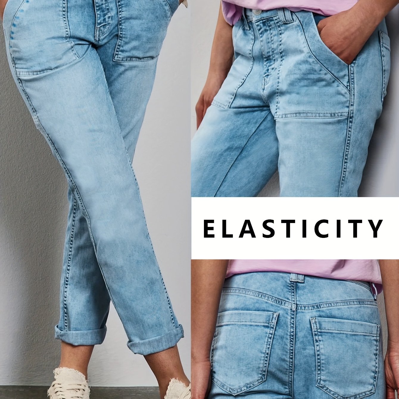 Image of Dk85357-1*women's High Waist Light Blue Denim Ankle Jeans - Stretchy Fit Vintage Y2k Jeans For Women, Washed Casual 90s , Slim Cropped Mom Jeans For Daily Wear & Holiday