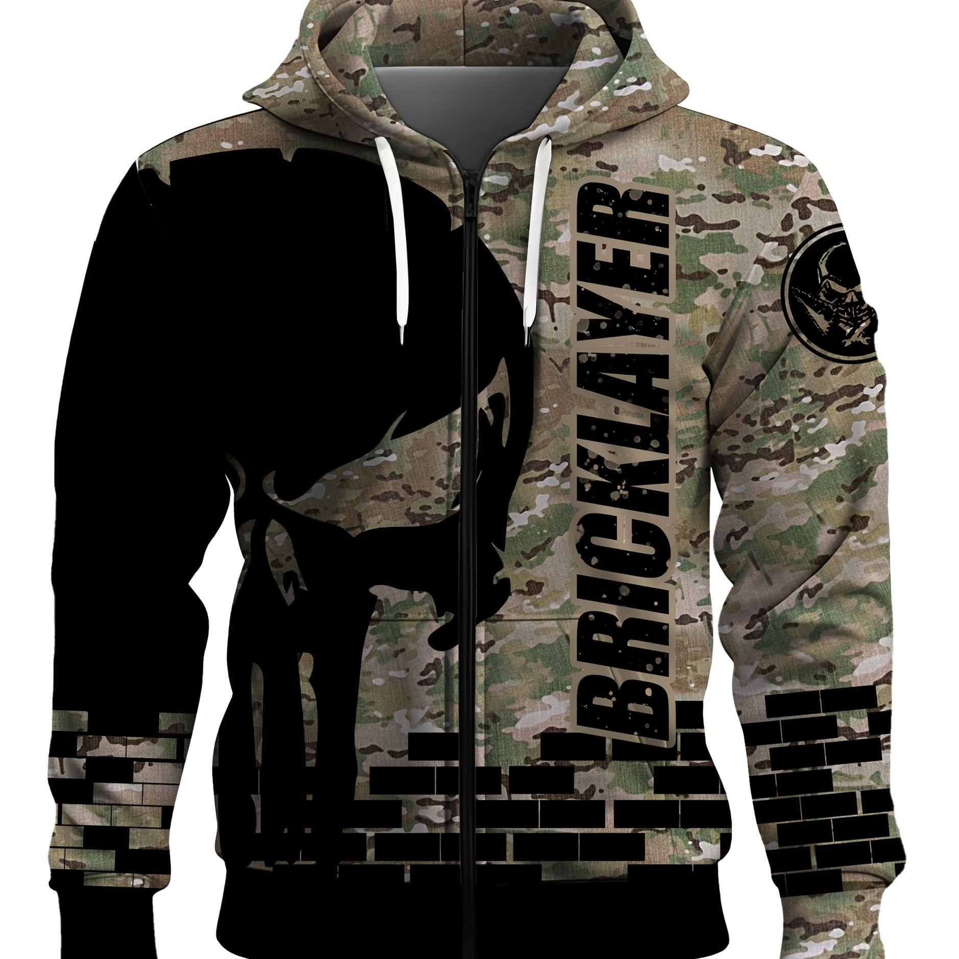 Men's Cool Camouflage Skull Pattern Zip-up Shirt, Oversized Loose Comfortable Casual Jacket, Fashion Trendy Outerwear, Plus Size