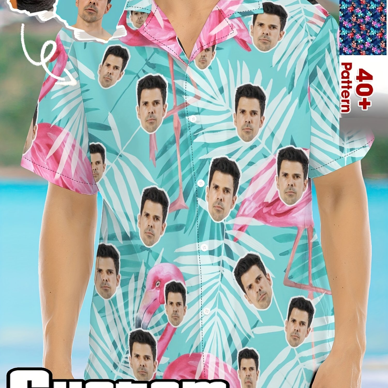 TEMU Custom Portrait Men's Hawaiian Shirt | Custom Face Image On Shirt Pattern, With Lapel Collar, Stretch Fabric, Button Details, Regular Fit For