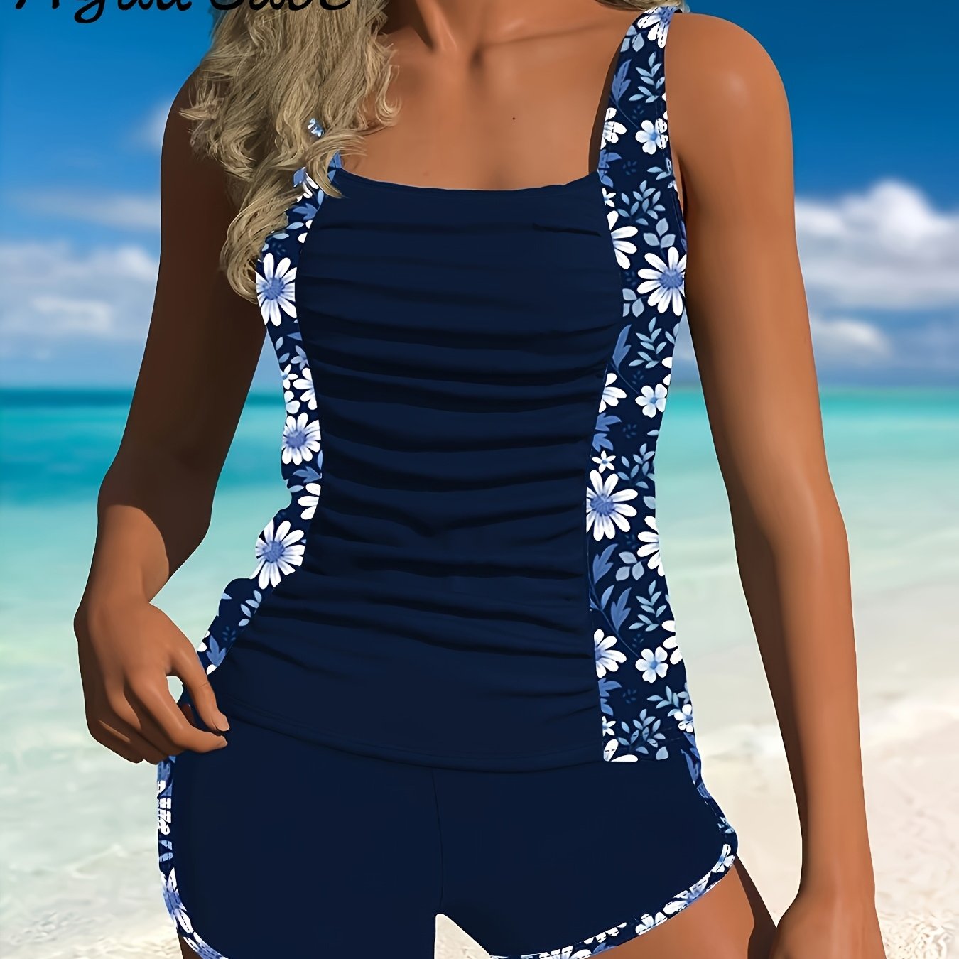 Image of Summer Beach Women's Fashion Casual Vacation Plant Print Halter Tankini Swimsuit