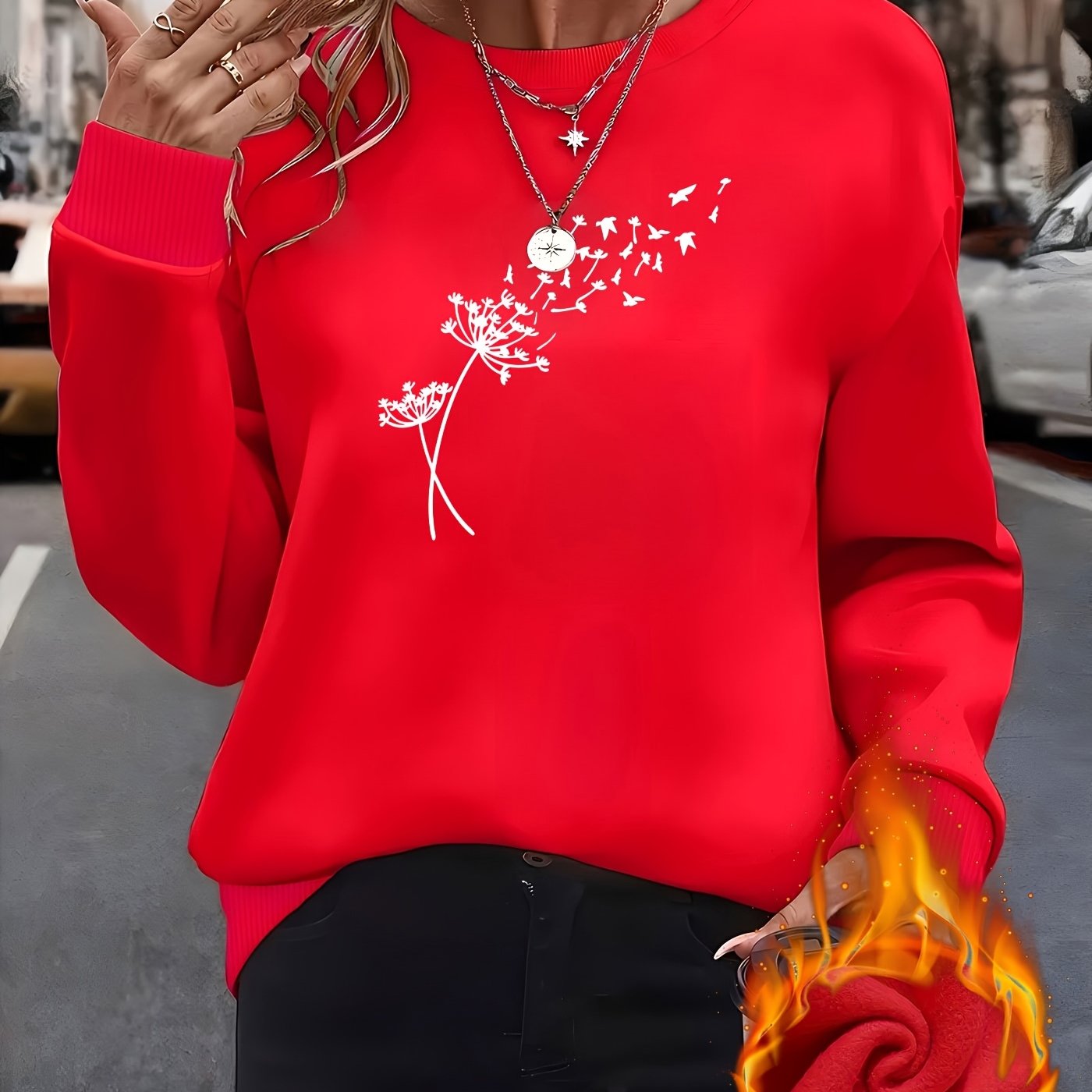 Image of 02 Style # Round Neck Red - Dandelion And Flock Of Birds -lined Long Sleeve Round Neck Sweatshirt For Women