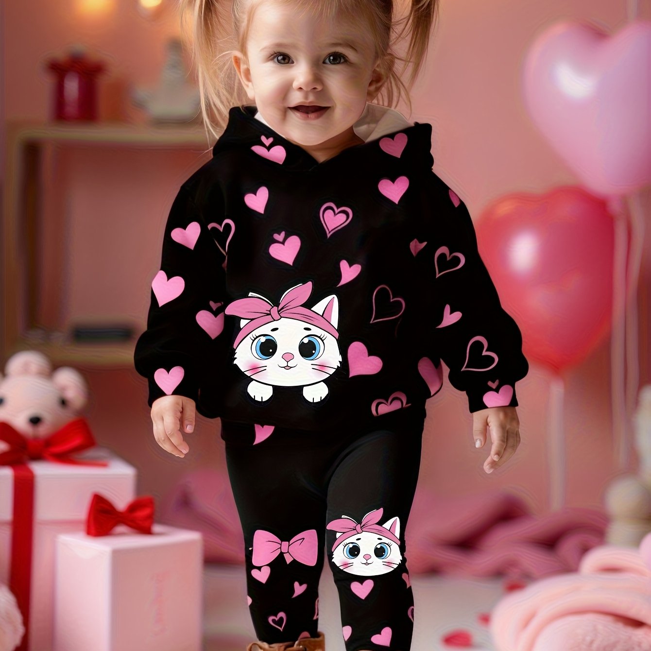 Baby Girl Set Heart Print Hooded Sweatshirt + Casual Trousers Cute Cat Bow Pattern Baby Spring And Autumn 2pcs Set, For Outdoor