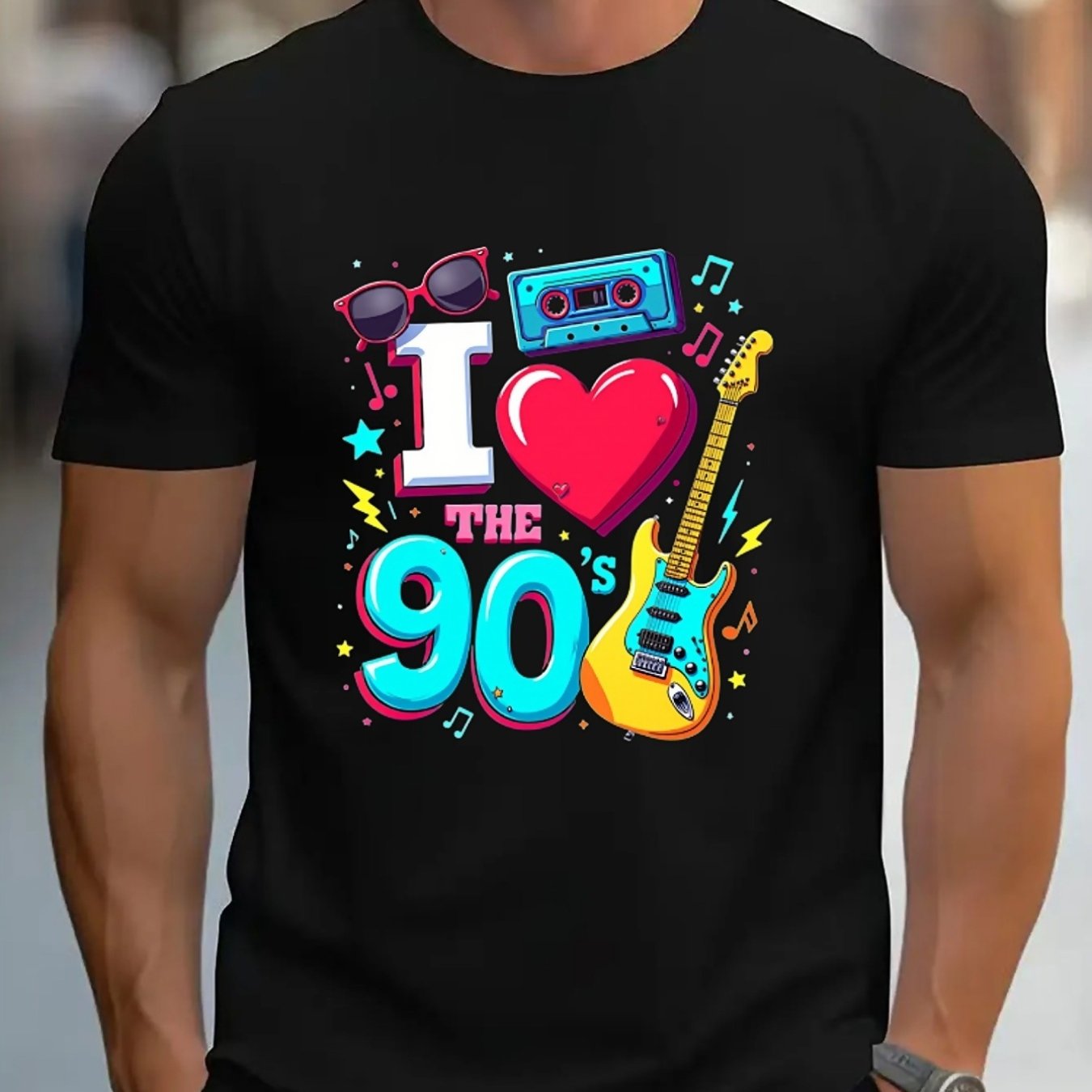 TEMU Men's 90s T-shirt "i Love 90s Cassette Guitar Print Breathable Loose Round Neck Casual Fitness All-match Top White Blue Black 3 Colors Nostalgic