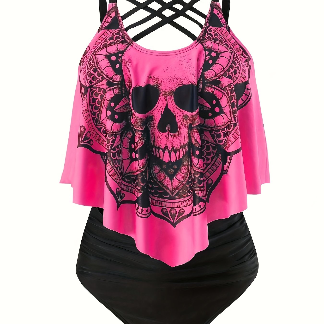 Plus Size Tankini Swimsuit 2pcs Set Skull Halloween