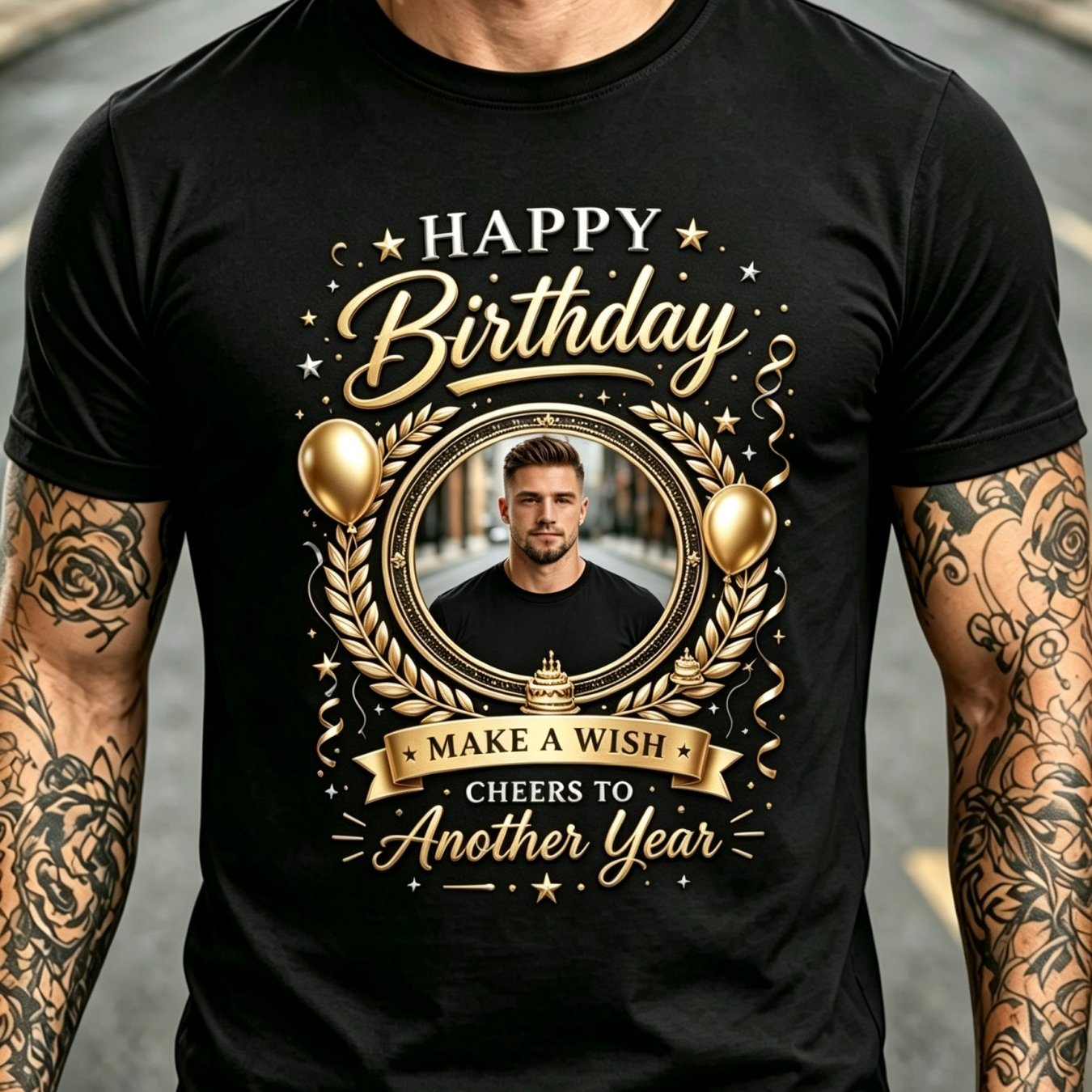 TEMU Custom Men's T-shirt, Diy Round Wheat Wreath Happy Birthday Round Neck Short Sleeve, Custom Photo Birthday Party Gift Casual Men's T-shirt