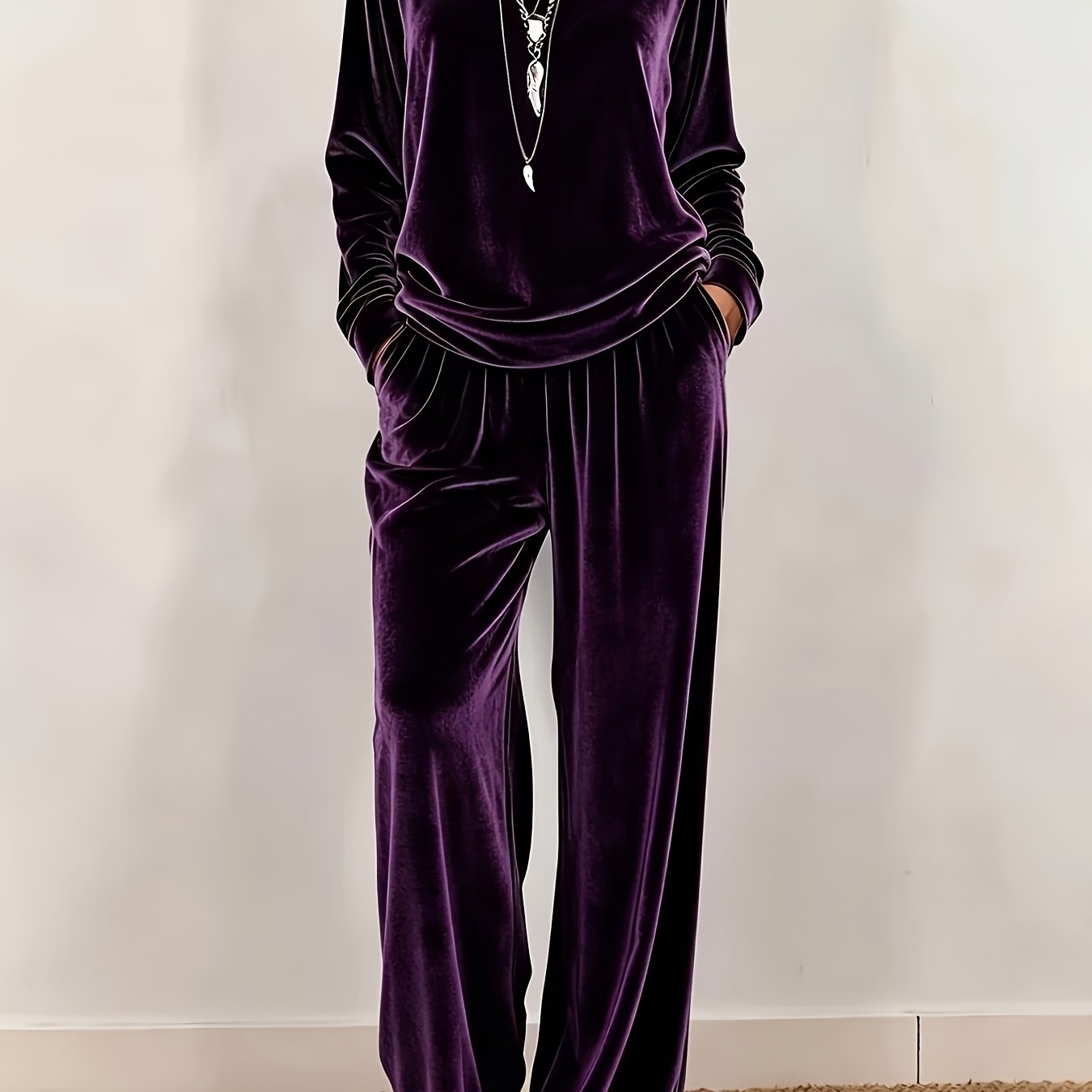 TEMU Completo due pezzi da donna in velluto: top a maniche lunghe con scollo e pantaloni a larga, abito casual in velluto e drappeggiato