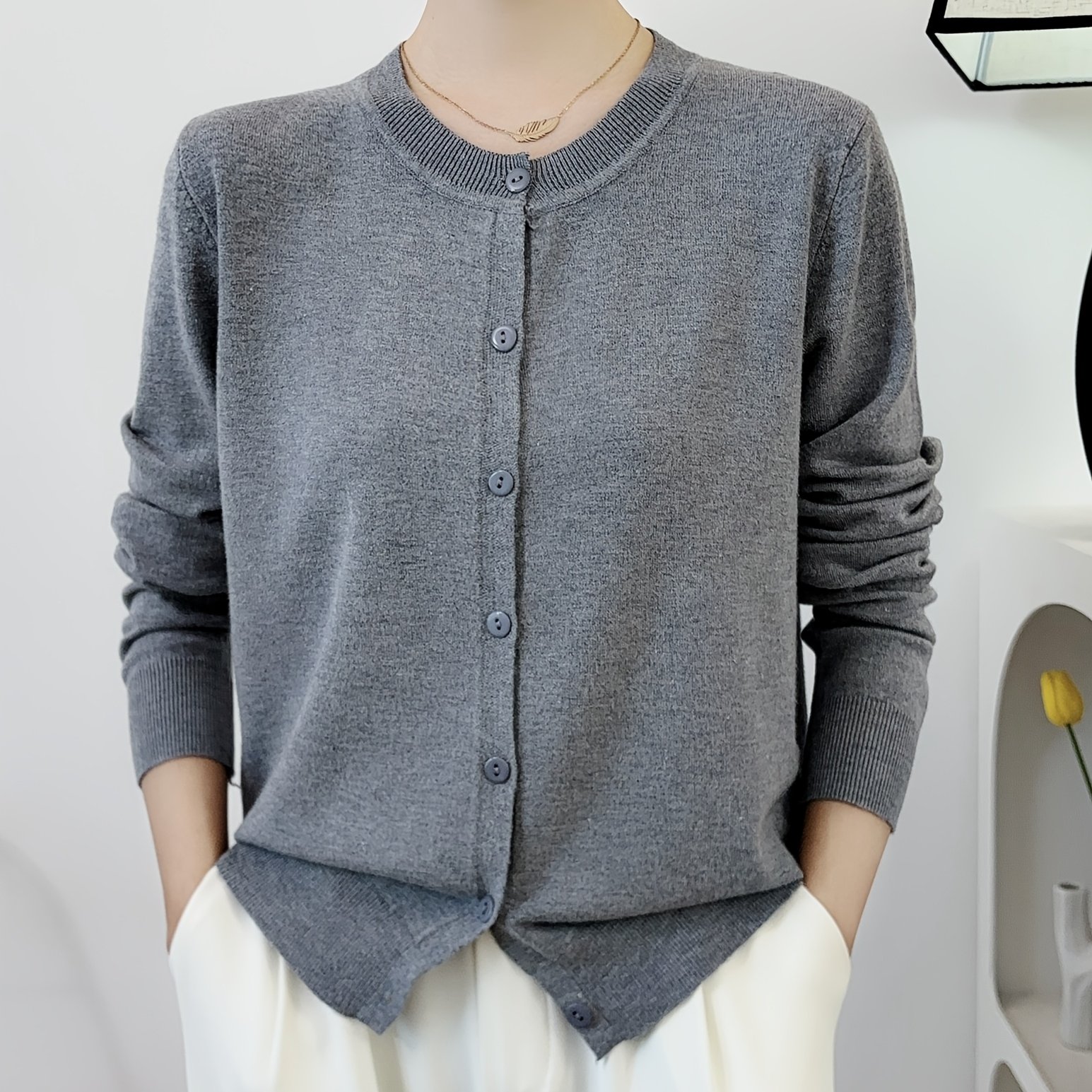 TEMU Solid Color Button Front Cardigan, Elegant Long Sleeve Cardigan For Spring & Fall, Women's Clothing