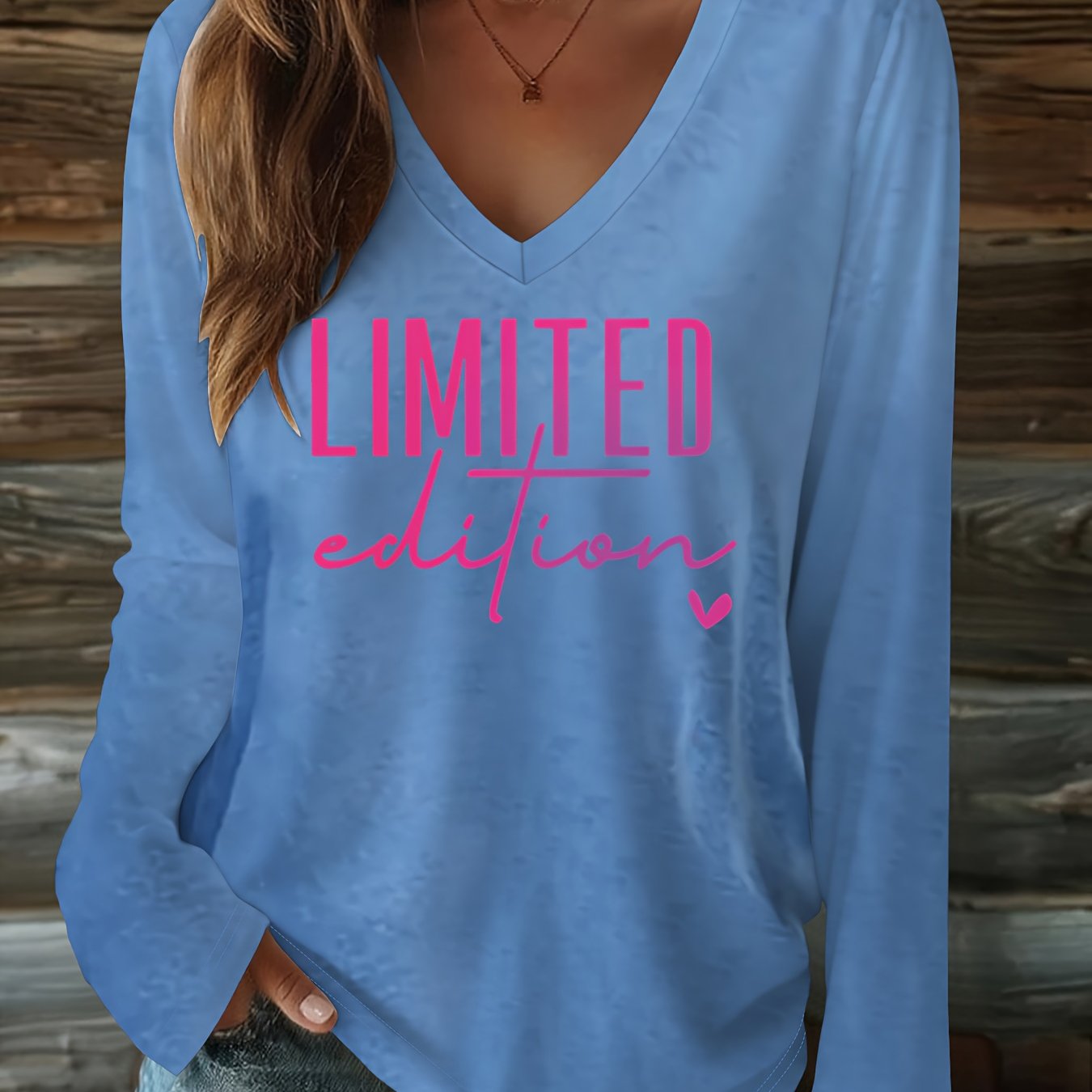 Letter Print T-shirt, Long Sleeve V Neck Casual Top For Spring & Fall, Women's Clothing