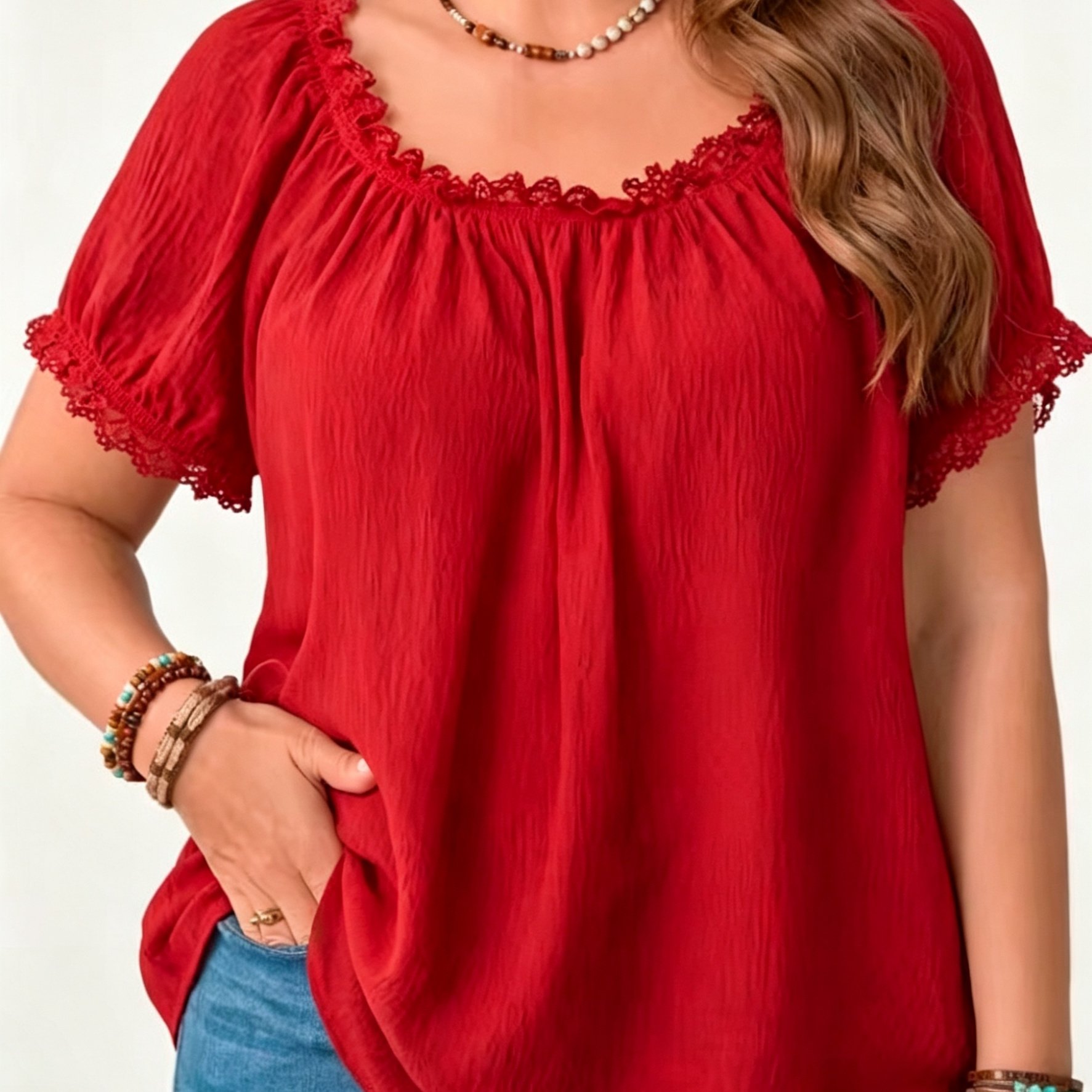 TEMU Plus Size, Plus Size Women's Lace-trimmed Round Neck Puff Sleeve Blouse, Casual Loose Fit Summer Top