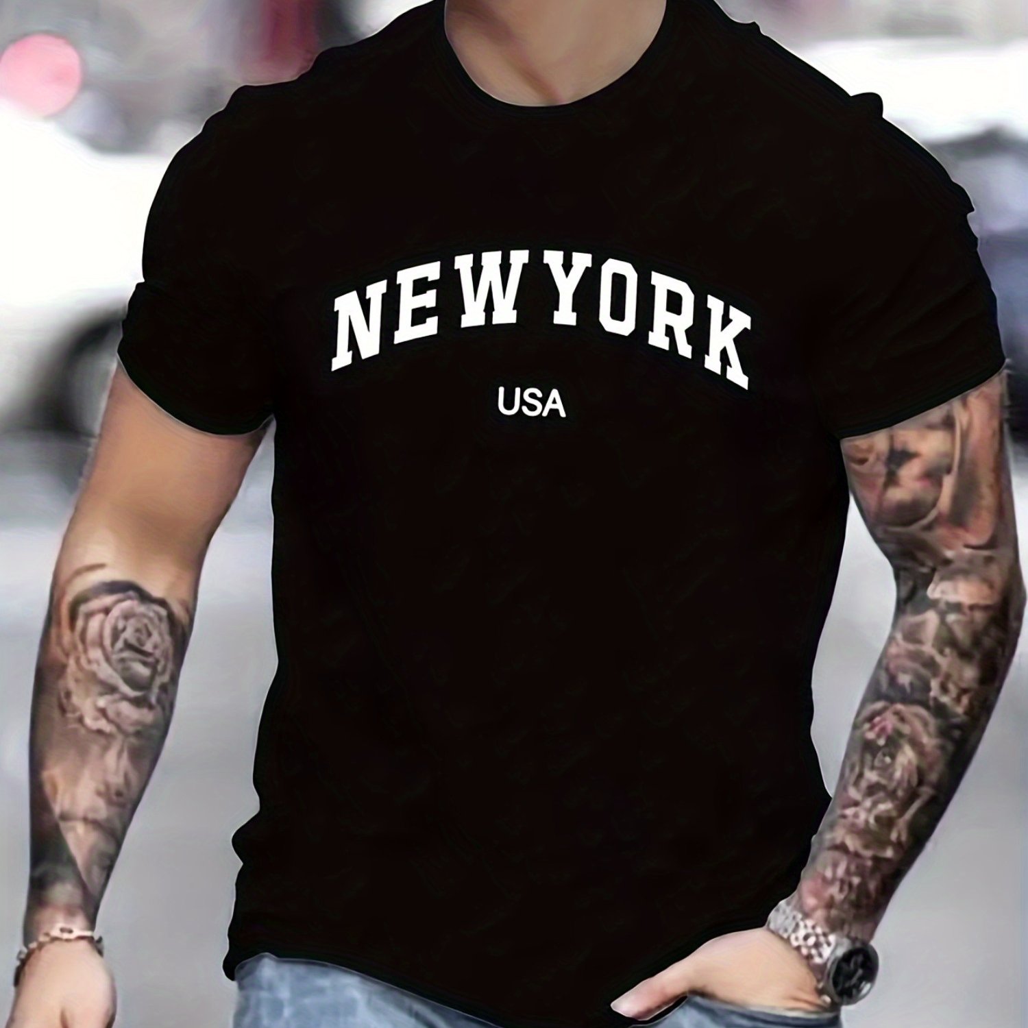 TEMU Men's New Usa Graphic T-shirt - Black Cotton Crew Neck Short Sleeve Tee, Casual Summer & Spring Top, Lightweight & Breathable, Perfect Gift For Men