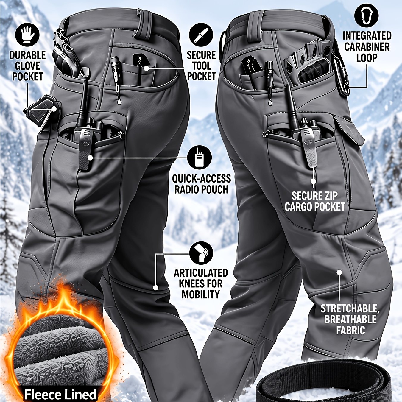 TEMU Men's Fleece-lined Tactical Cargo Pants, Warm Winter Outdoor Work Trousers With Multi-pockets, Stretch Fabric, Zippered Cargo Pockets,