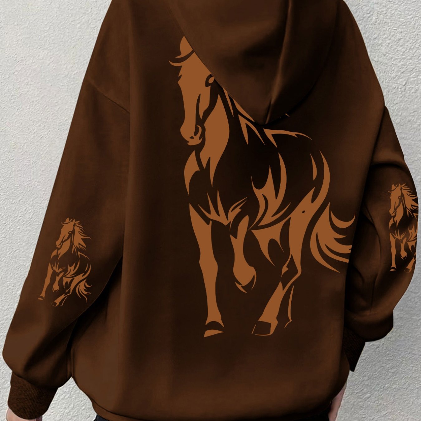 TEMU [-stretch] Brown Wild Horse Back 3-print Standard Size Women's Hooded Sweatshirt Retro Fashion Machine Washable Recommended For Daily Wear,