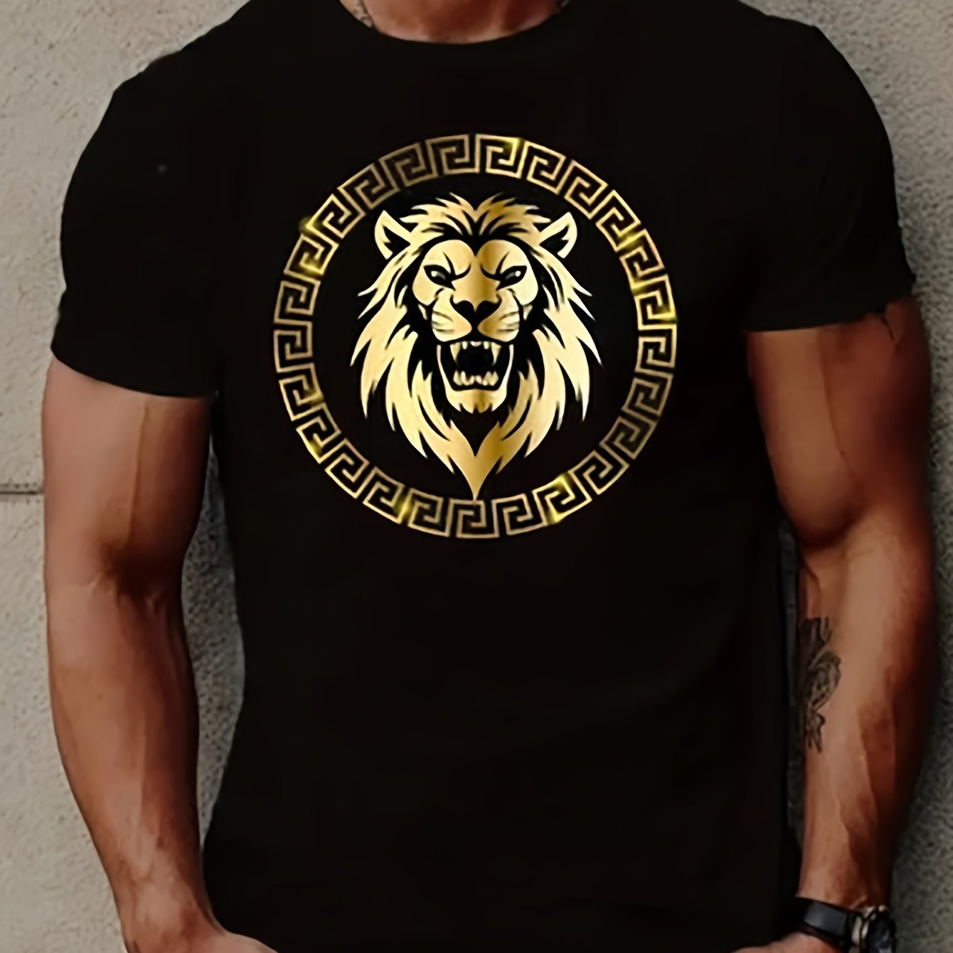 TEMU Men's T-shirt - Stylish And Casual Crew Neck Tee With Golden Logo, Perfect For Outdoor Activities In All , Unisex And Breathable