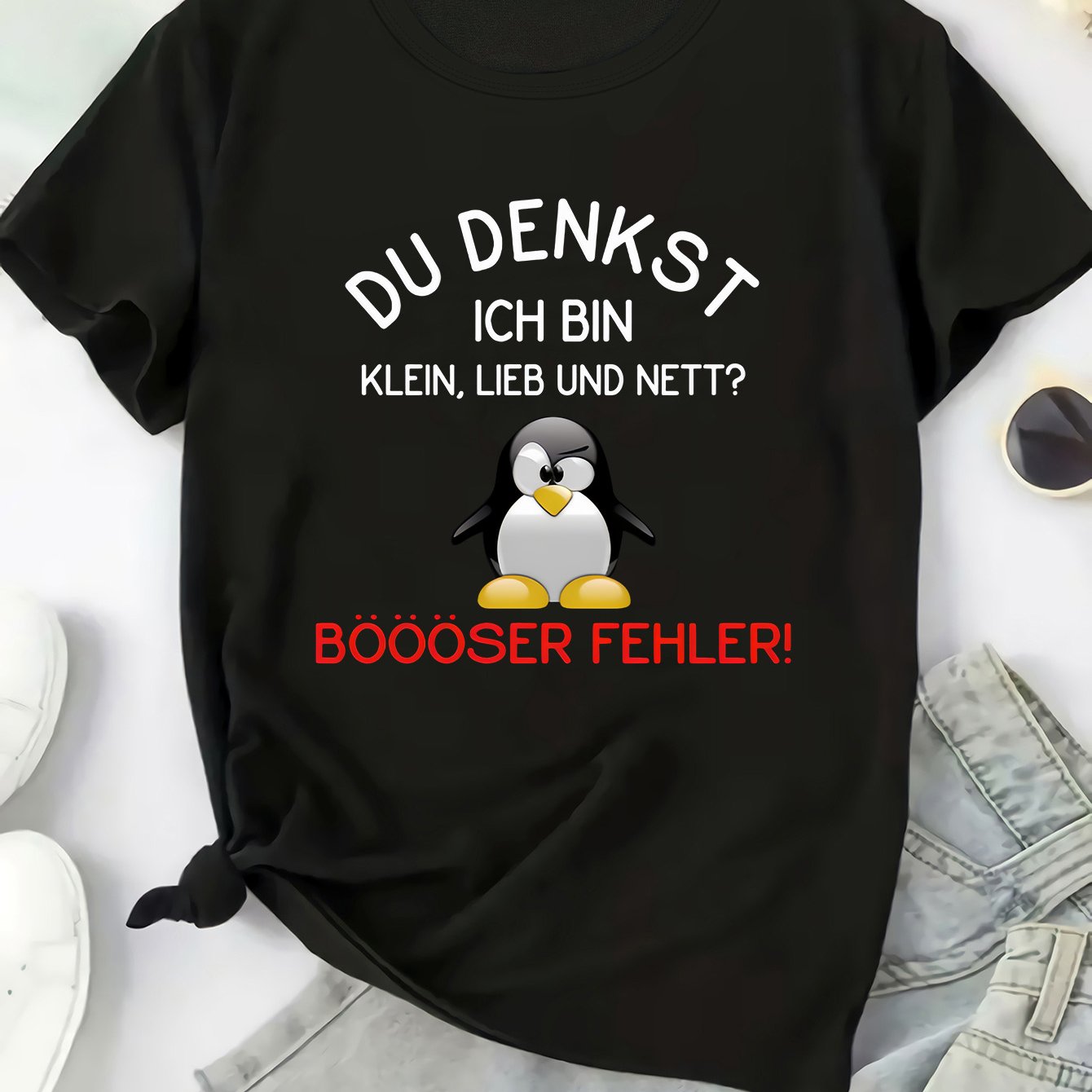 TEMU Plus Size, Women's Plus Size Oversized T-shirt With German Slogan "you For I'm Cute? !" & Penguin Print - 0-8xl Short Sleeve Round Neck Casual