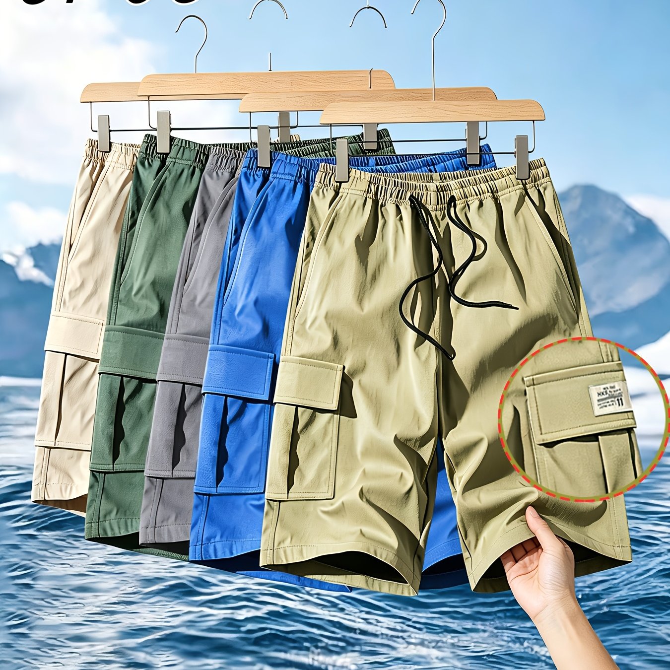 TEMU 5pcs Men's Cargo Casual Shorts , Drawstring Waistband - Adjustable Size, Multi-, Fabric - Breathable And Durable, Solid Colors , Loose Fit For