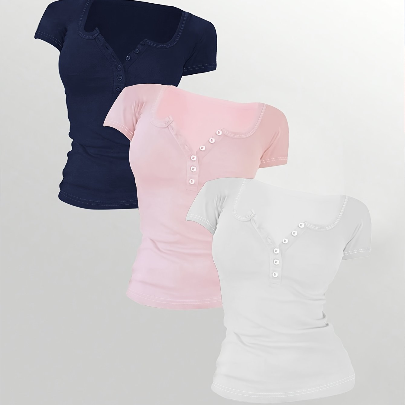 Image of Women's Casual Fashion Sporty Multi-button Round Neck Solid Color Short Sleeve And Match Three-piece Set