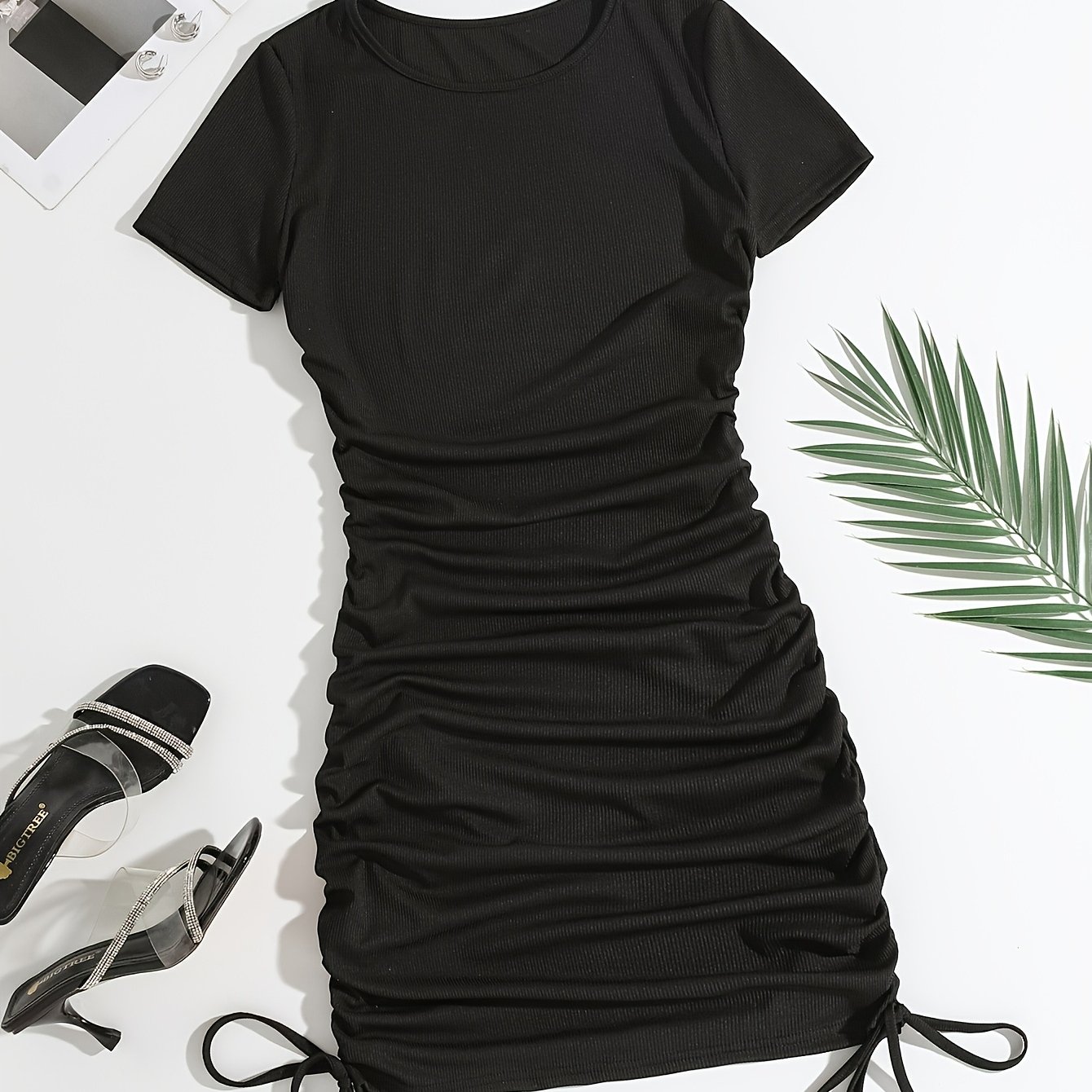 TEMU Summer Casual Drawstring Midi Dress, Solid Color Bodycon Fashion Dress For Vacation Daily Wear