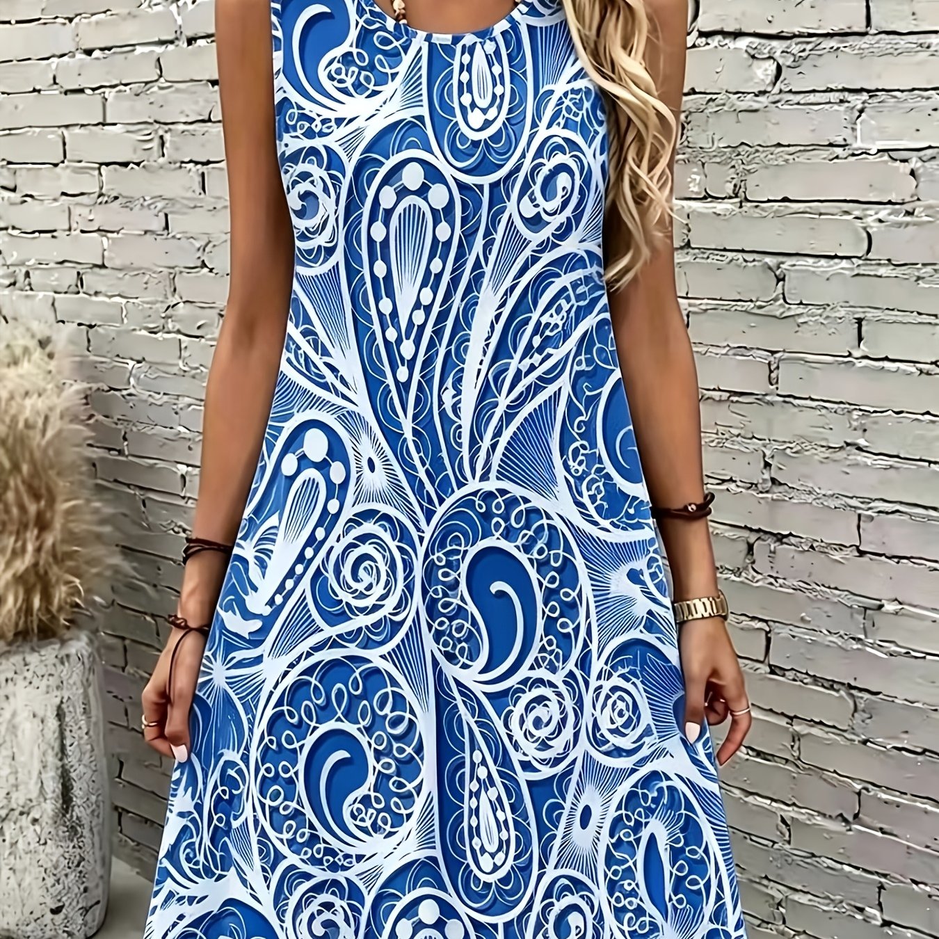 TEMU New Summer Women's Bohemian Paisley Print Sleeveless Tank Dress, Vacation , Women's Sleeveless Tank Dress, Fashion Item, A Beautiful And Gift,