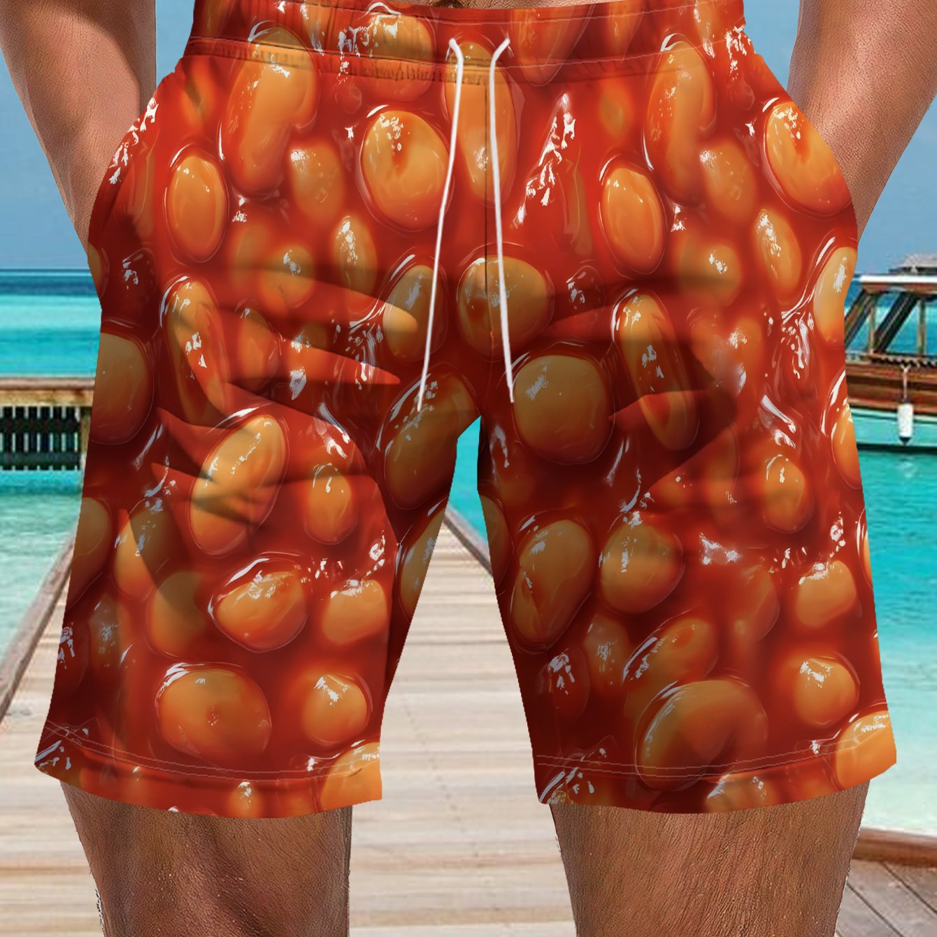 TEMU Men's Shorts, Covered In Beans, Wrapped In , Beach Scene
