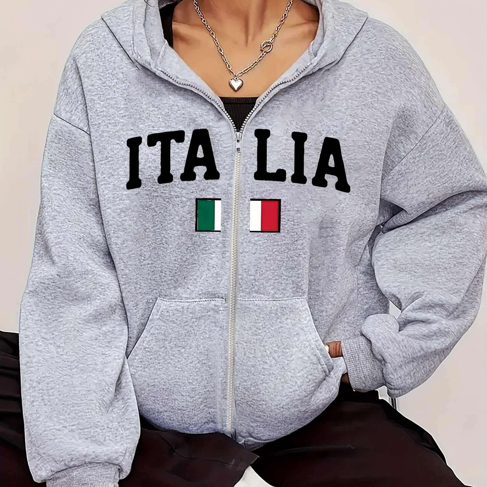 TEMU Flag Italy Women's Casual Trendy Print Pattern Fleece-lined Sports Hoodie Hooded Kangaroo Jacket Top