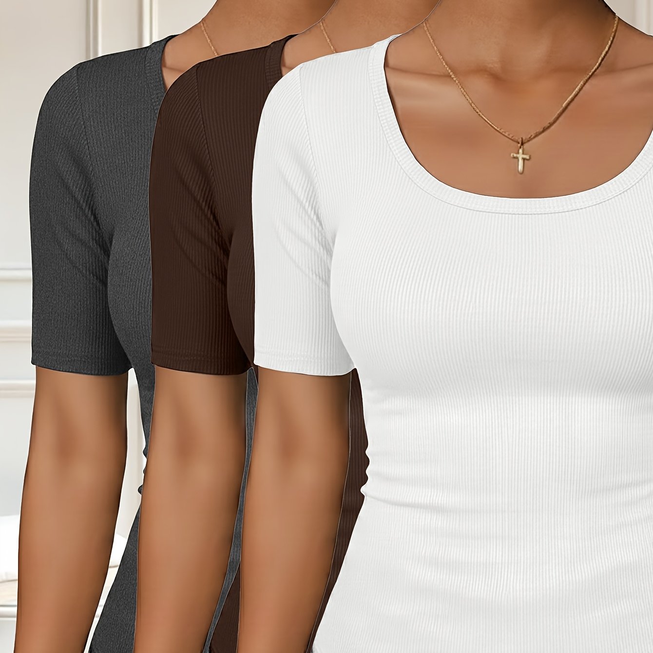 TEMU 3pcs Set: 2026 Women's Ribbed Mid-sleeve Style, Made Of Stretchy And Comfortable Fabric, In A Of Fashionable And Versatile Colors. Suitable For