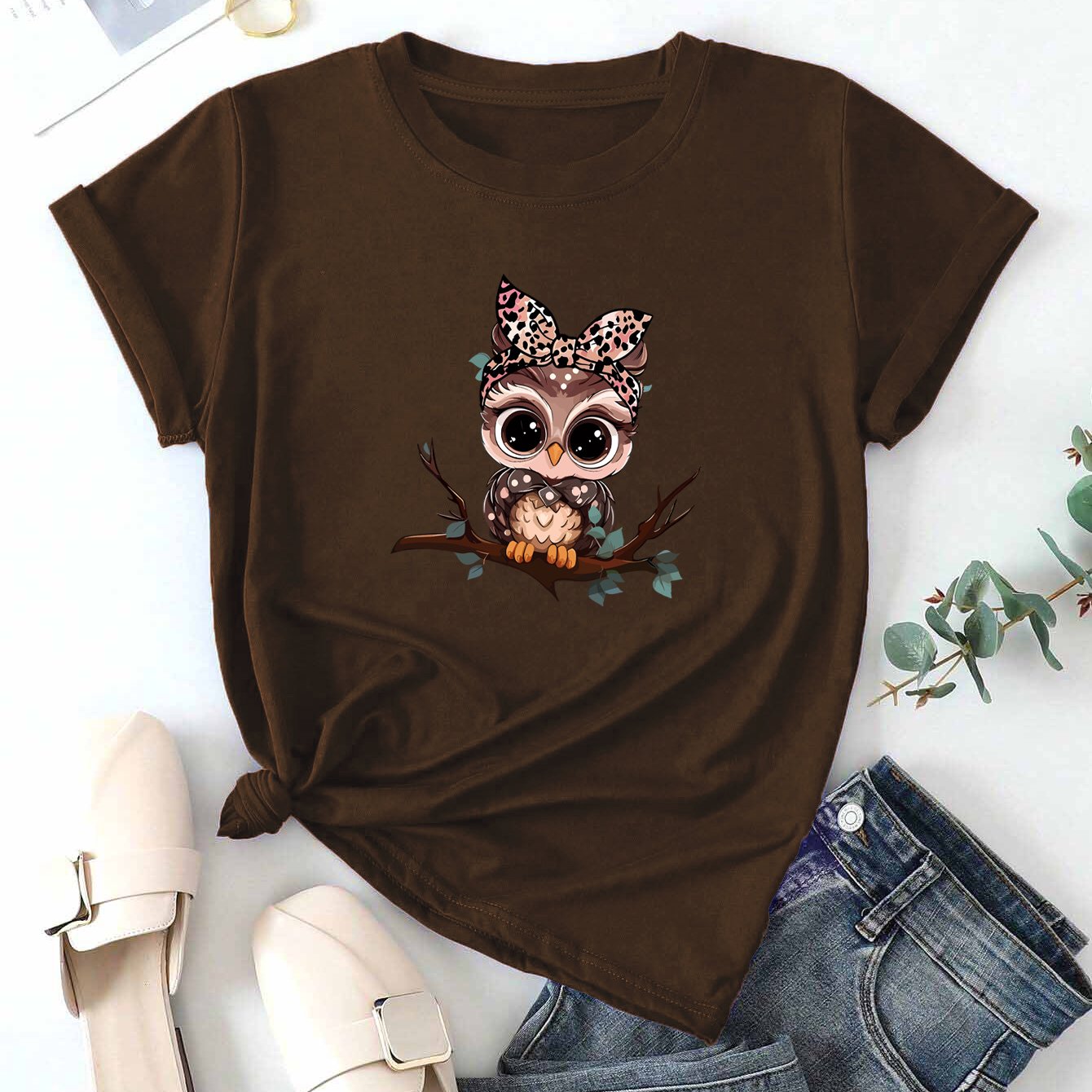 TEMU Cartoon Owl Casual Sports T-shirt, Short Sleeve Round Neck Comfort Summer Top, Women's Clothing