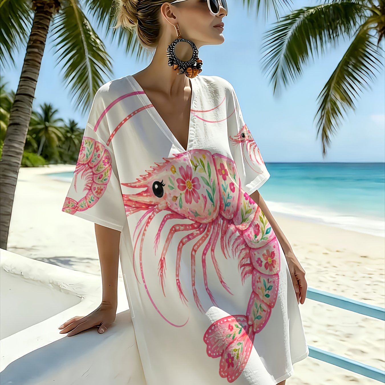 TEMU Women's Pink Watercolor Lobster Print V-neck Beach Dress - Short Sleeve Loose Fit Full-body Suitable For Vacation, Poolside Outfits, Casual