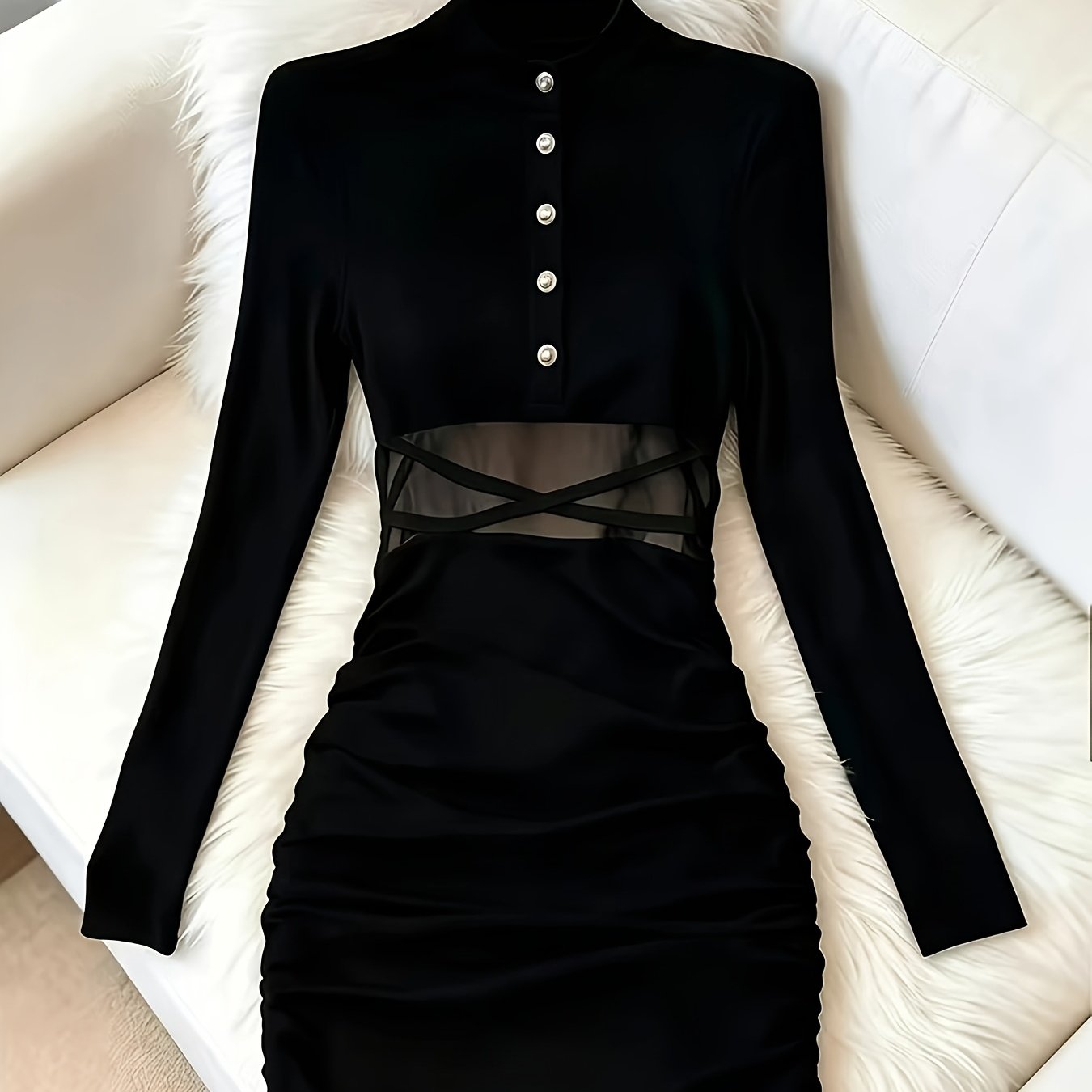 TEMU Women's Mid-high Neck Long Sleeve Bodycon Short Skirt, Mesh Cutout Waist Cross-binding, Button Detail, Pleated Fitted Black Party Dress, Sexy