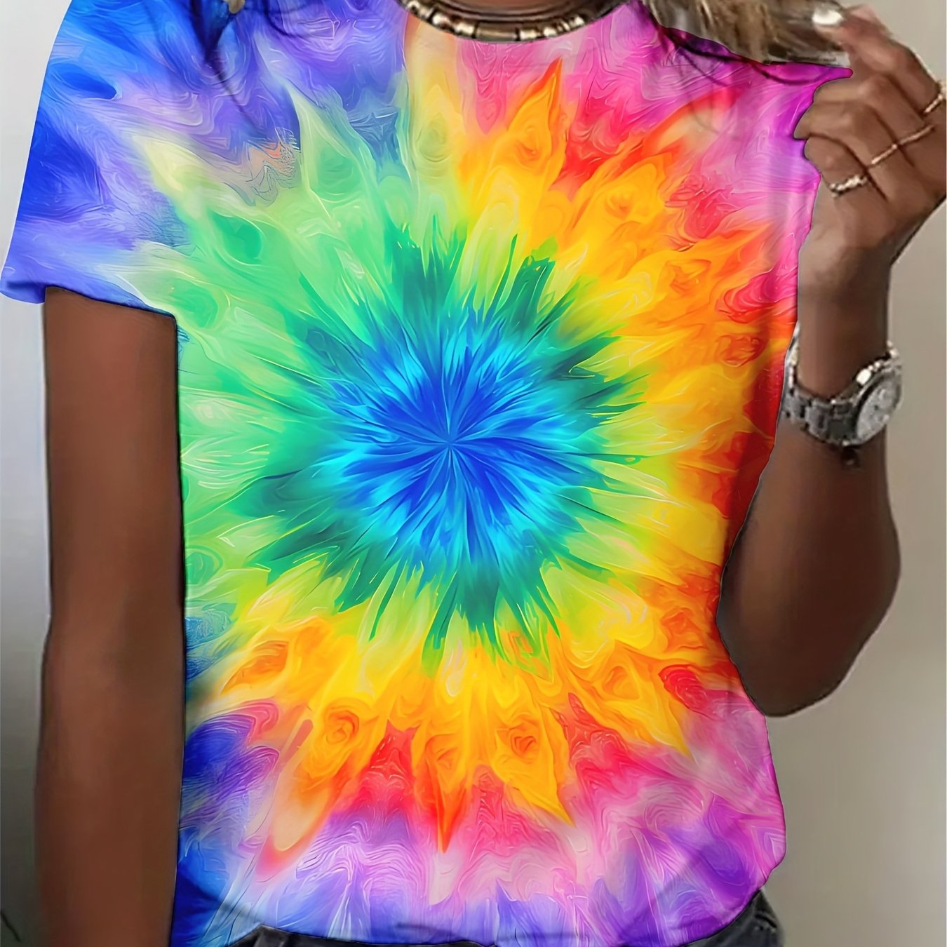TEMU [print Design - No Texture]a Vibrant Tie-dye Print Women's T-shirt With A Casual Crew Neck And Short Sleeves, Featuring A Bright Gradient
