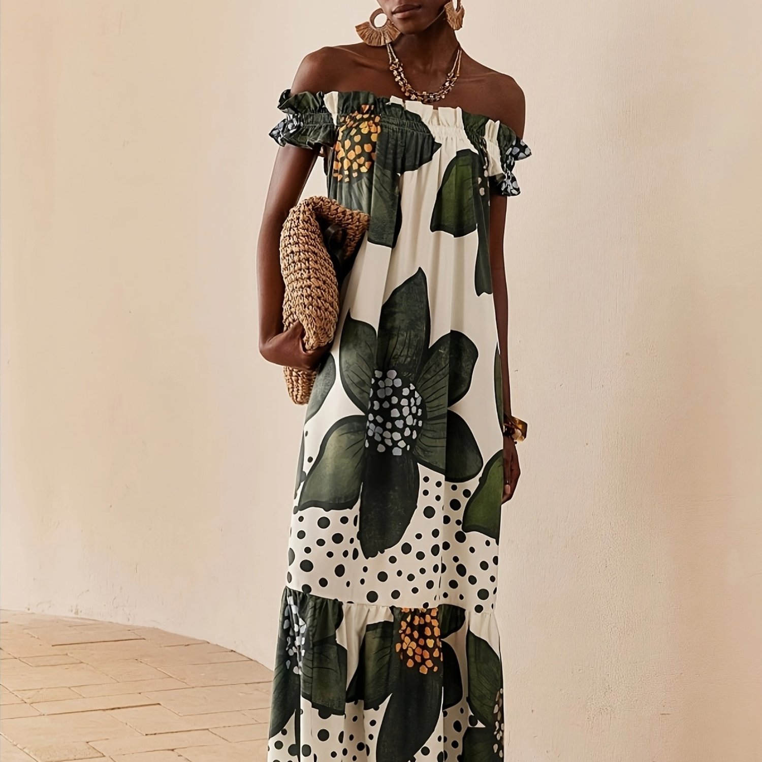 TEMU Ladies' Fashionable Floral Print Strapless Maxi Dress, Women's Summer Wear, New Women's Dress, African Dress, Women's Summer And Spring, Bohemian