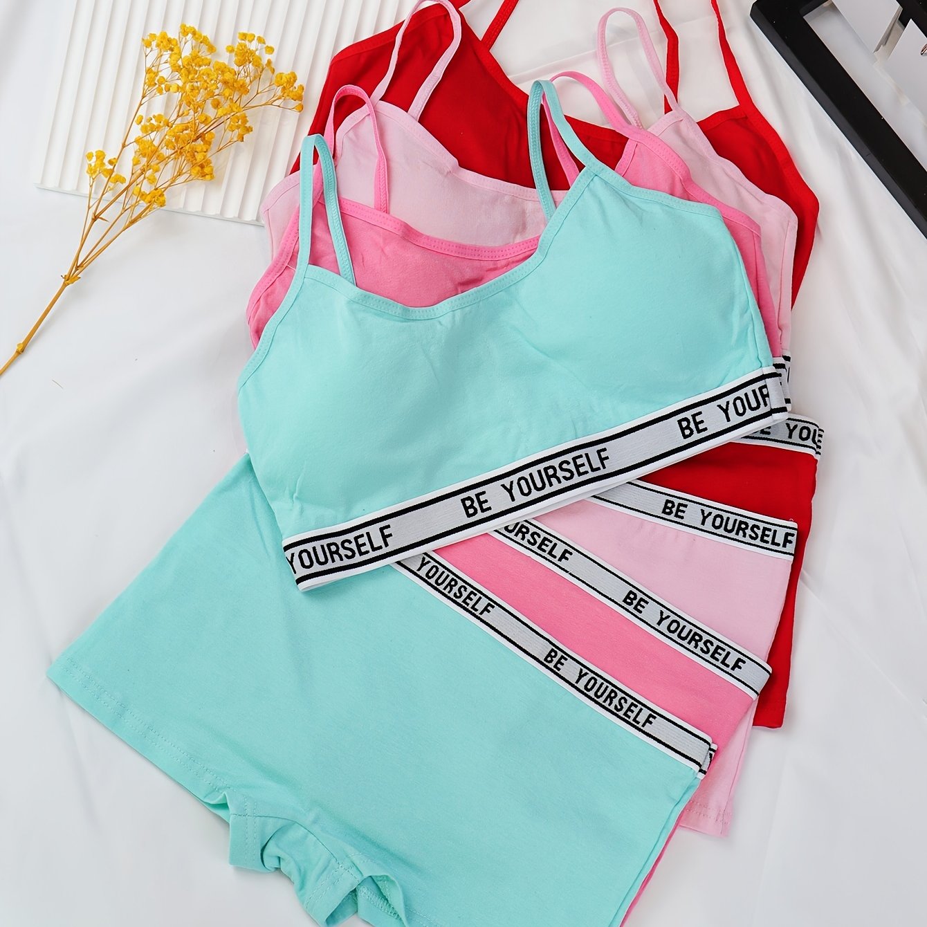 Image of 4-pack Set Girls' Soft Breathable Tank Top + Boxer Briefs Set, Solid Color , Underwear Set For Older Girls, Suitable 12-16