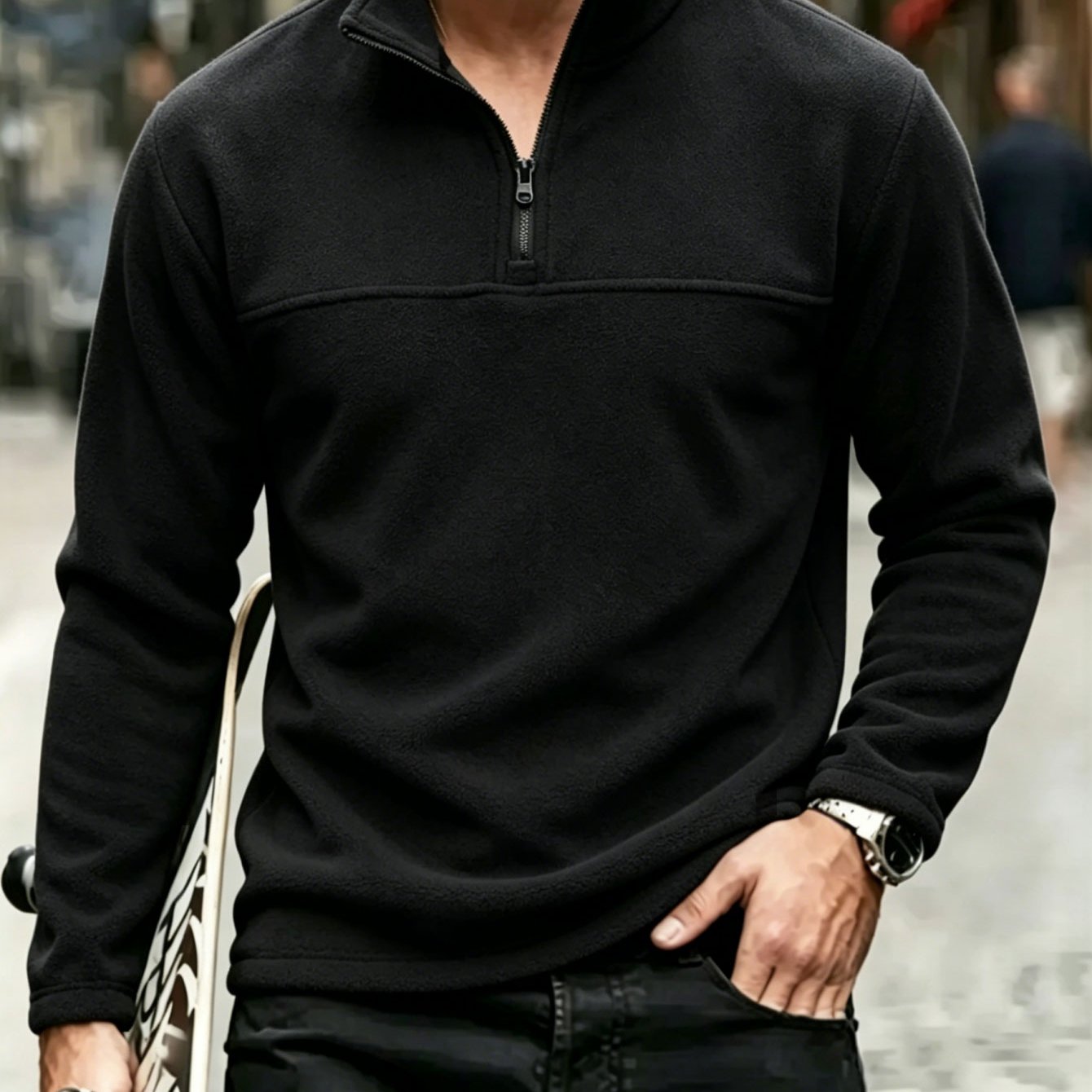 TEMU Men's Half-zip Pullover Fleece Sweatshirt, Long Sleeve Collar Warm Casual Top, Solid Comfy Outdoor Daily Wear