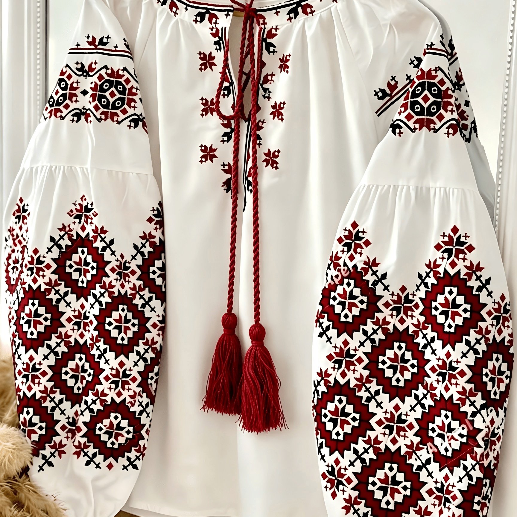 TEMU Women's Bohemian Printed Style Top, White Long Lantern Sleeves, Tassel Tie Neckline, Ethnic Style Geometric Print, Versatile Casual Loose