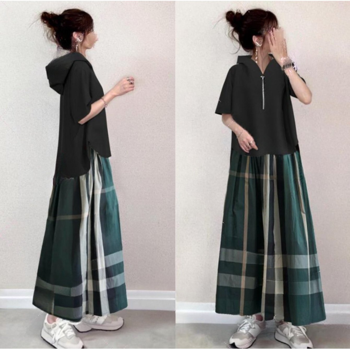 TEMU 夏の新しいファッショナブルなカジュアルなフード付き半袖トップスとチェック柄ミニスカートのツーピースセット