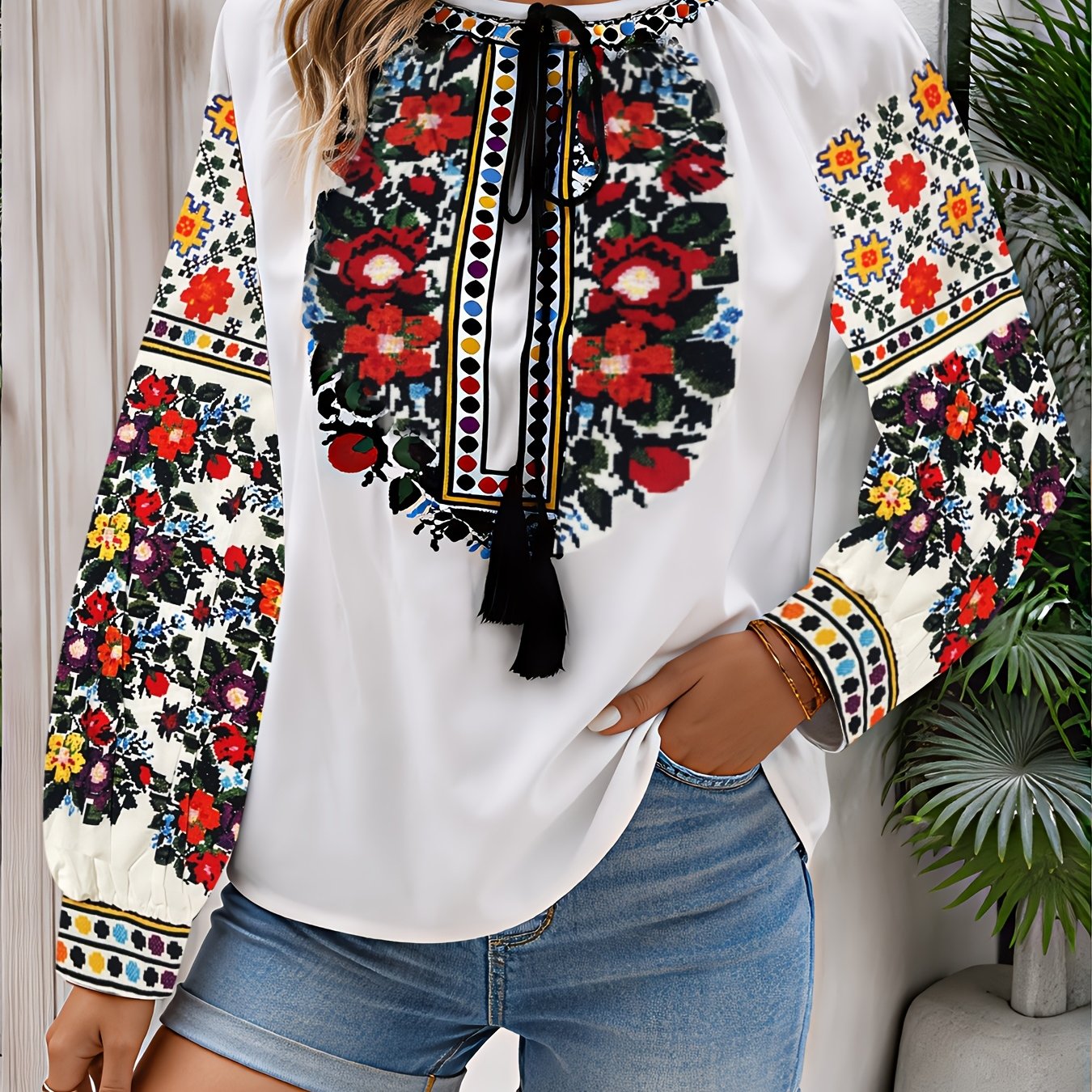 TEMU Spring Summer Fashion Elegant Floral Round Neck Drawstring Long Sleeve Women's Blouse