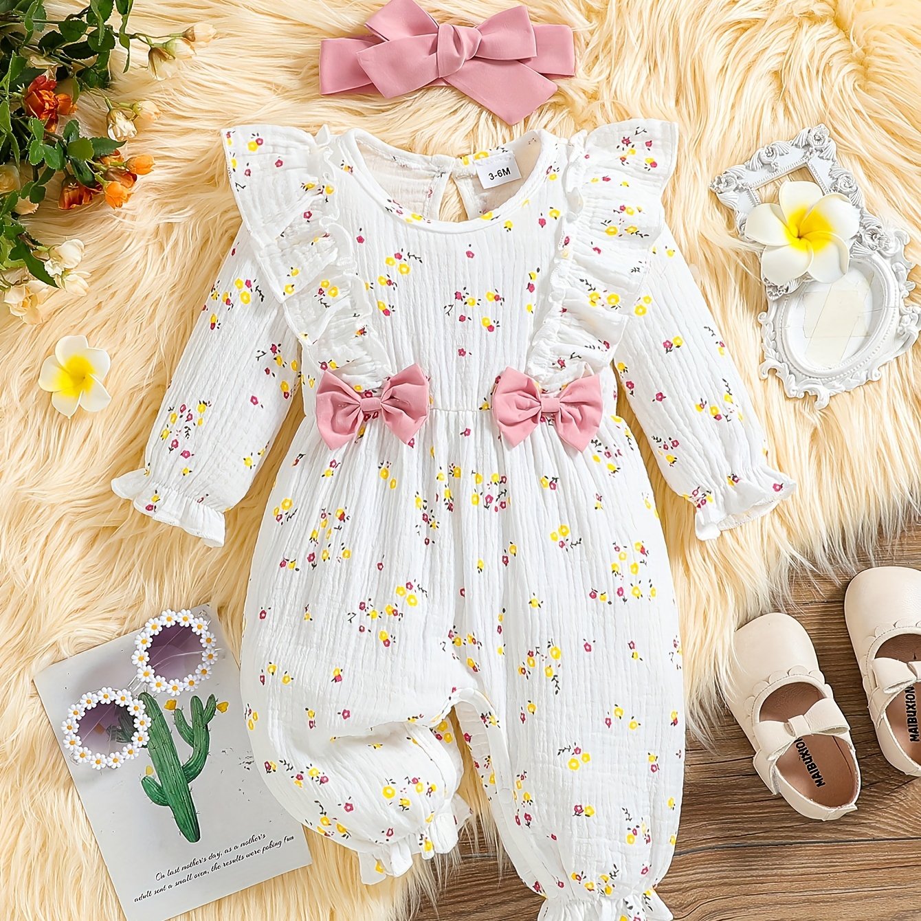 Image of Baby Autumn Long Sleeve Comfortable Round Neck Cute Floral Print Baby Girl Jumpsuit Casual Fashionable Sweet Jumpsuit And Belt Two-piece Set, For Outdoor