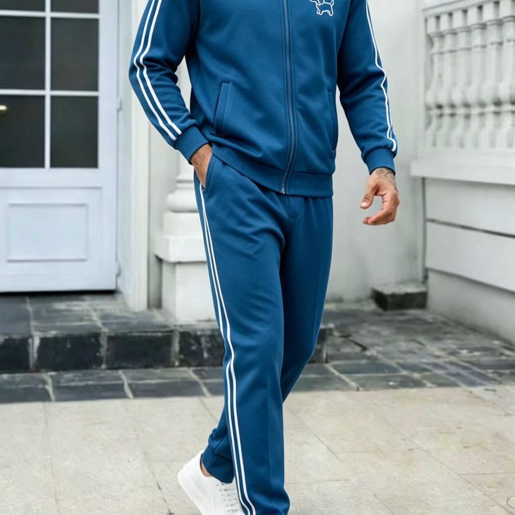 Men's Navy Blue Polyester Tracksuit Stand Collar Zip Up Jacket With White Side Striped Straight Leg Pants 2pcs Outfit