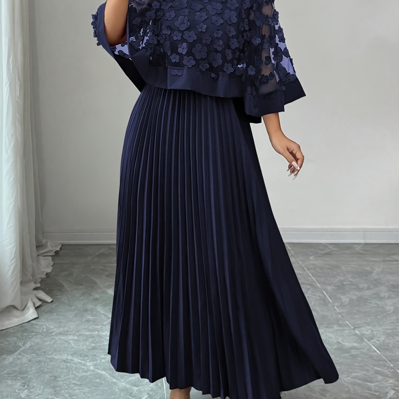 E-shop Elegantes Damenkleid mit 3D-Blumenapplikation, Rundhalsausschnitt & Kurzarm - Maschinenwaschbares Party- Hochzeitsgastkleid für Herbst/Winter,
