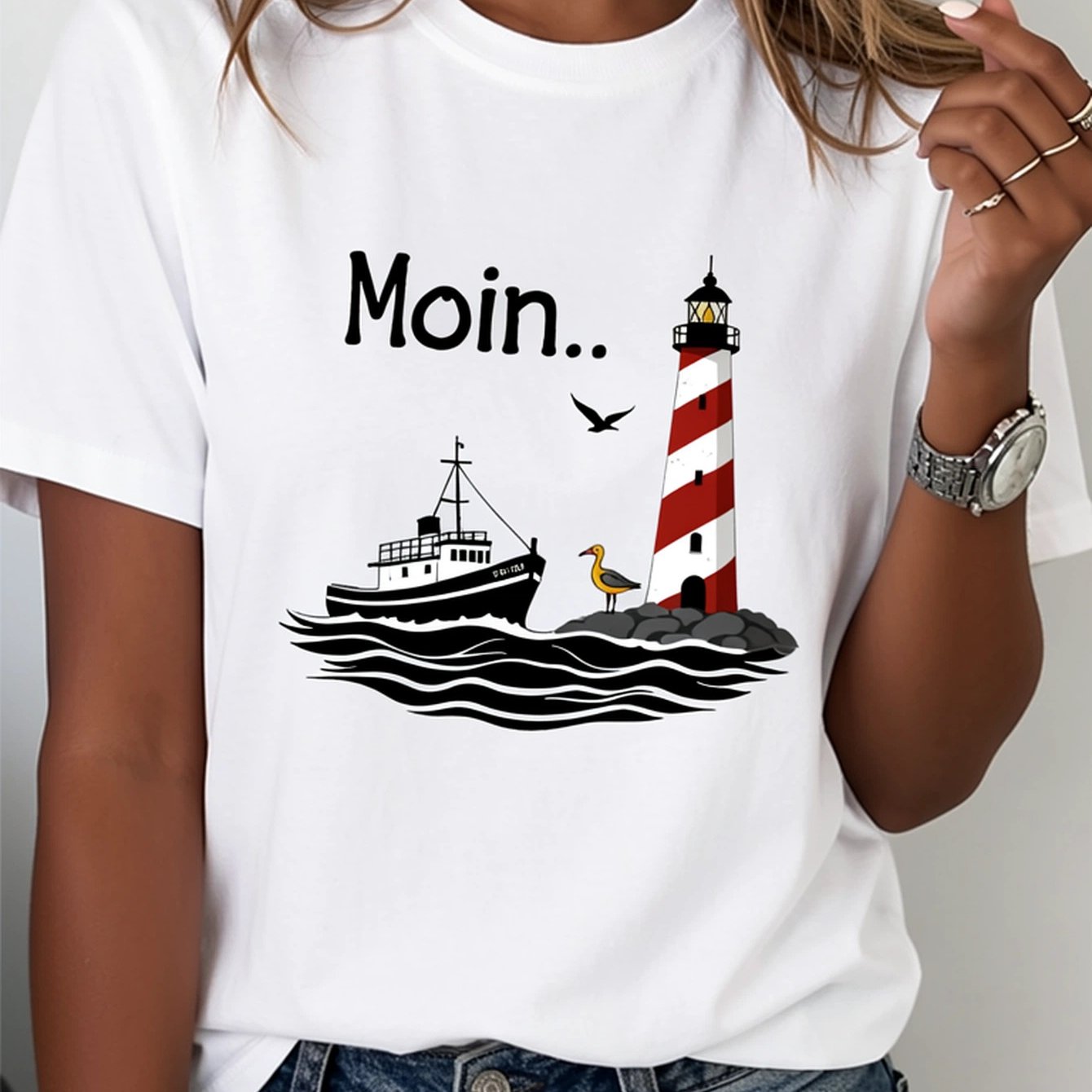 Image of Plus Size - Lighthouse Moin Maritime Scene Illustration 's T-shirt Fit
