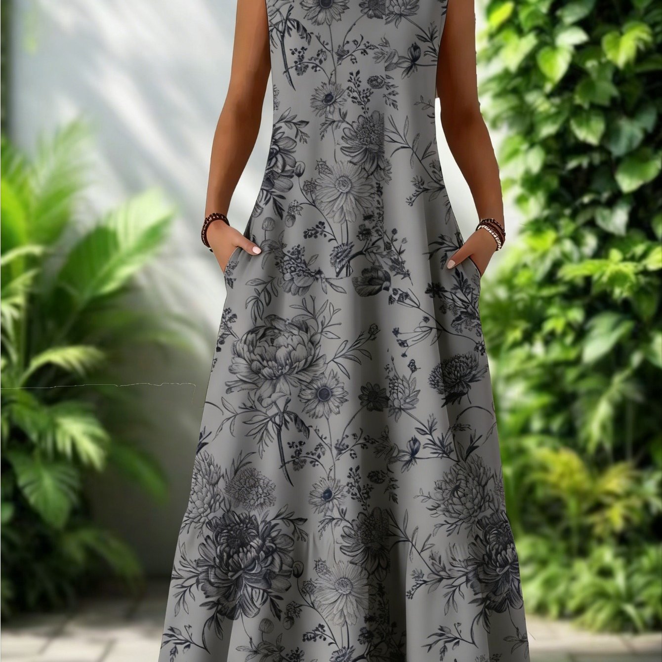 Image of Plus Size, Plus Size Lightweight Ladies Sleeveless Blue Flower Elegant Fashion Pattern Pocket Dress | Casual Summer Style, Crew Neck, Loose Version, Comfortable In , Ideal For And Casual Gatherings
